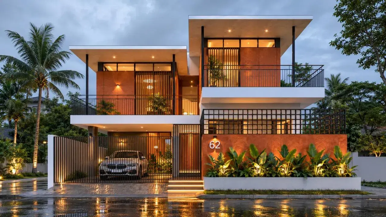 A GP Builders residence at dusk, its terracotta facade and landscaped frontage lit from below