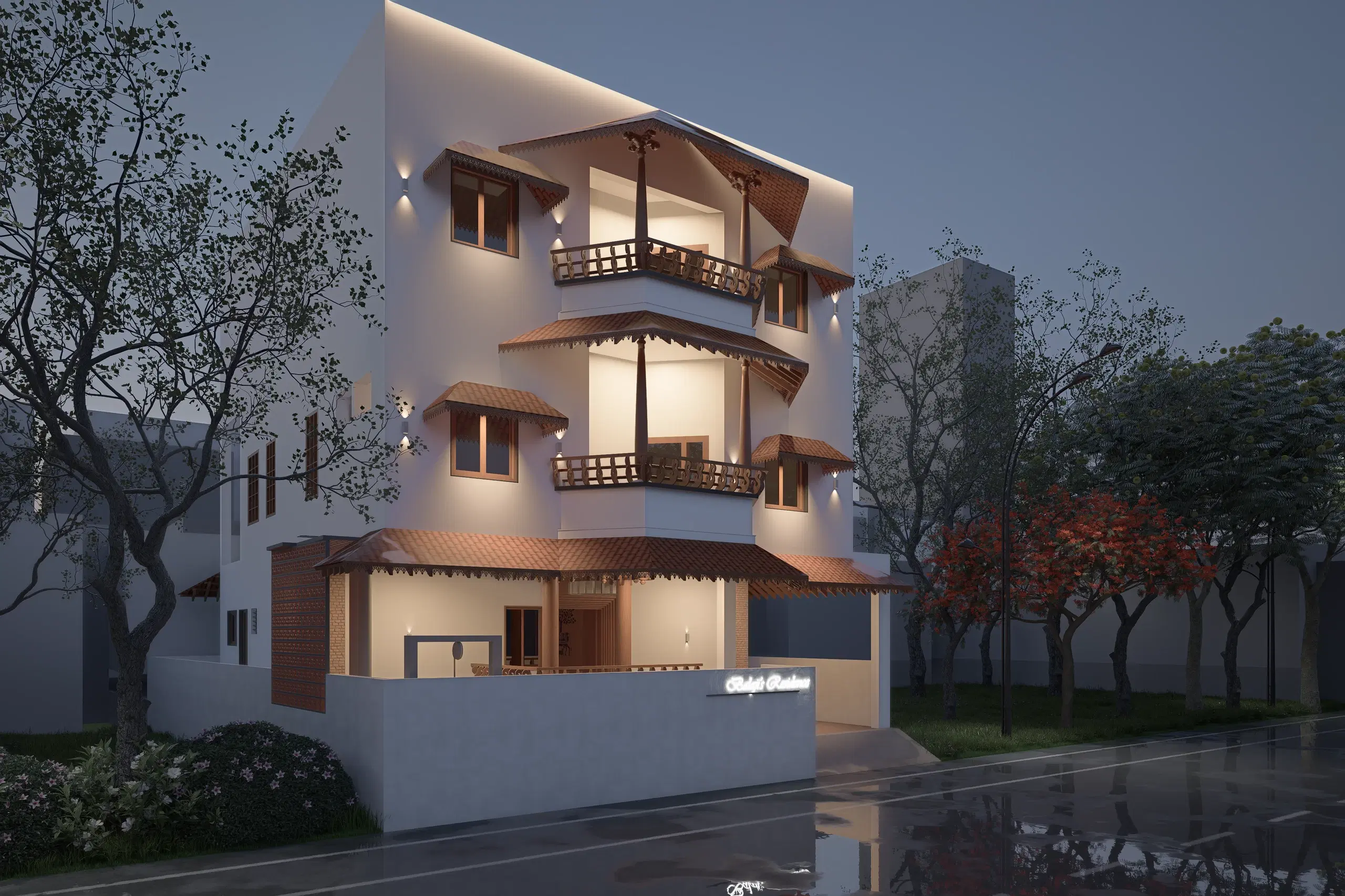 Balaji Sudarsana's Residence, Balaji nagar — the house from the left after rain, the tiled porch roof and timber balcony rails picked out by the facade lighting.