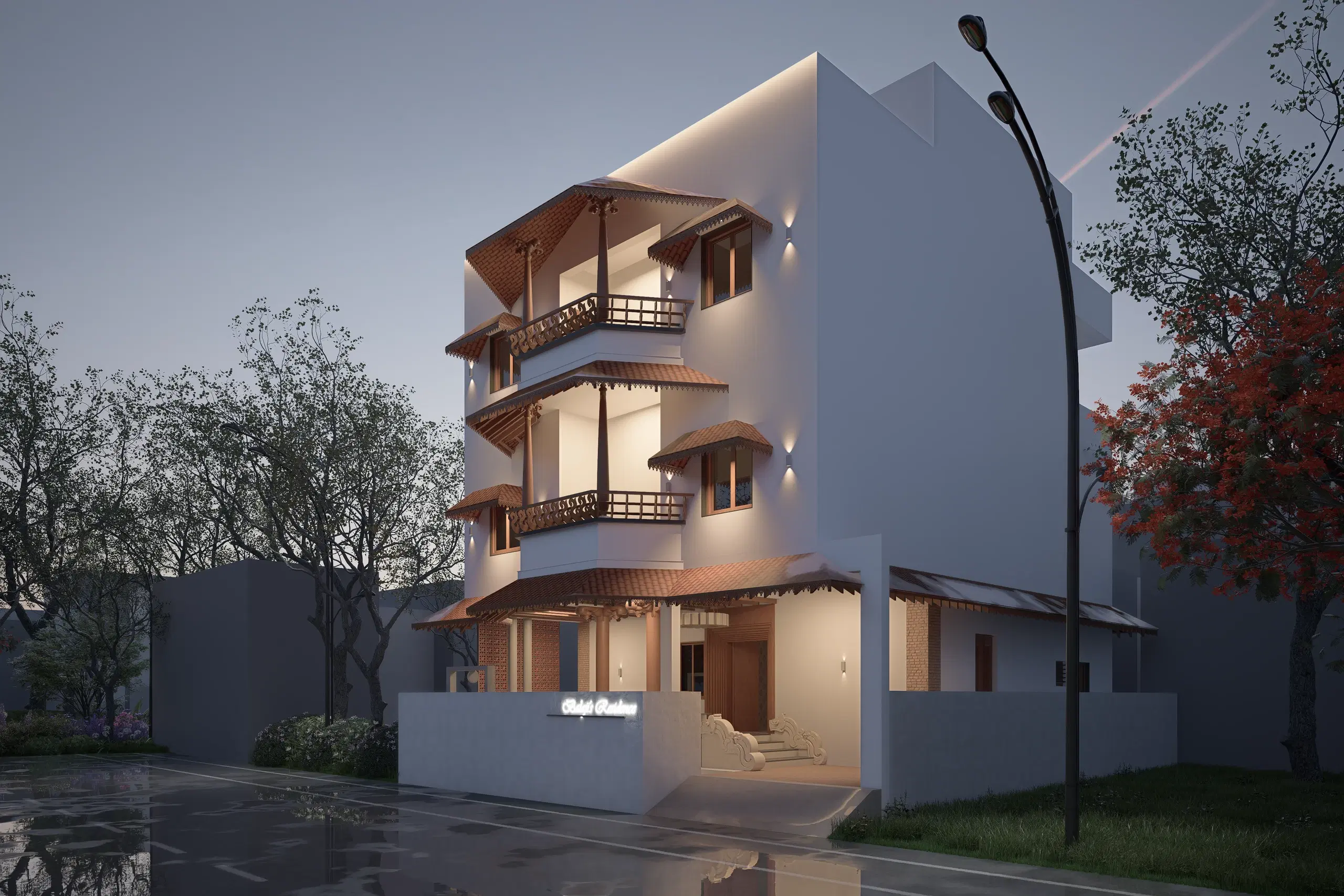 Balaji Sudarsana's Residence, Balaji nagar — the approach from the right, the stepped balconies and compound wall seen past a street lamp.