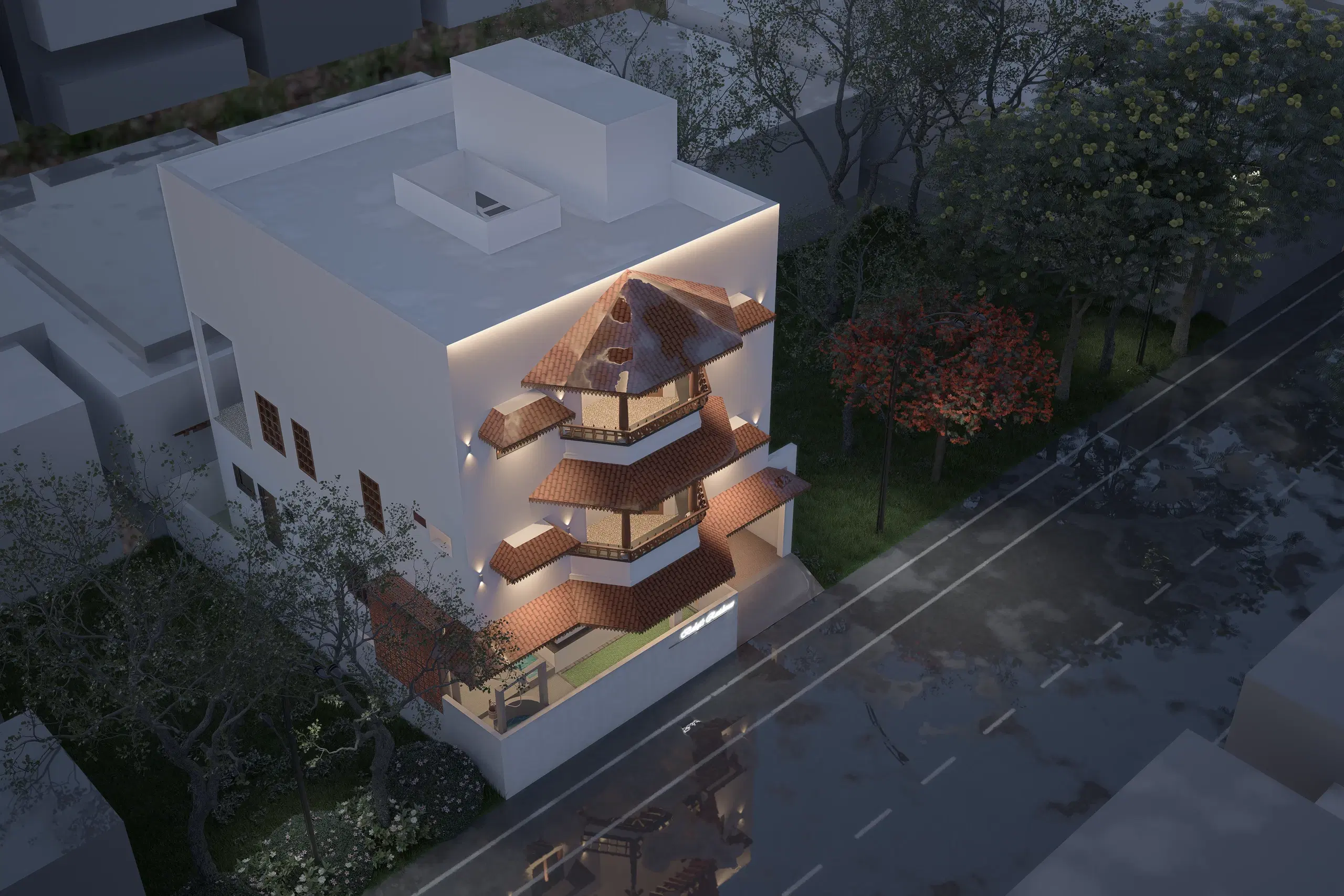 Balaji Sudarsana's Residence, Balaji nagar — an aerial view showing the roof terrace and how the tiled canopies step down the street facade.