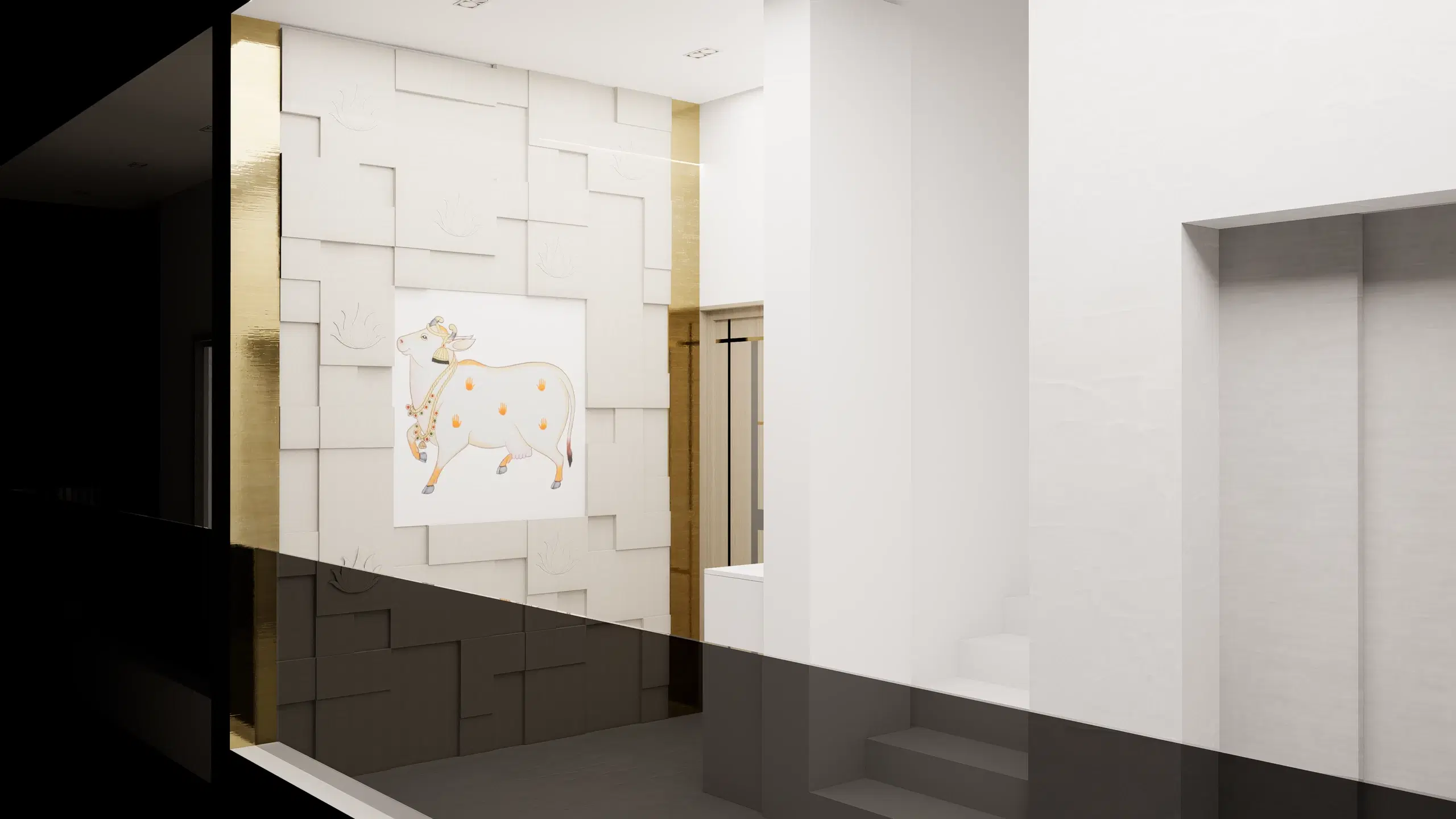 Fortune enclave, Balaji nagar — the lift lobby, a textured white panel wall above polished black stone with a brass-framed artwork.