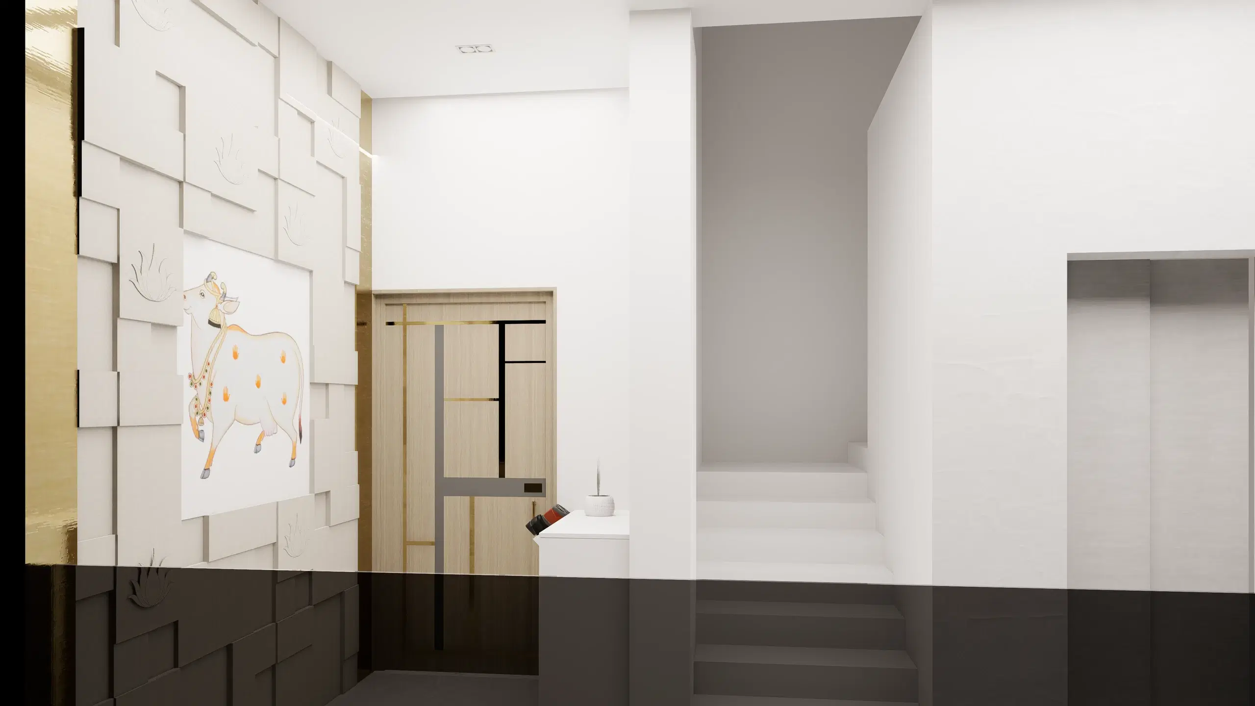Fortune enclave, Balaji nagar — the lift lobby looking towards the stair, the panelled wall continuing past the lift doors.