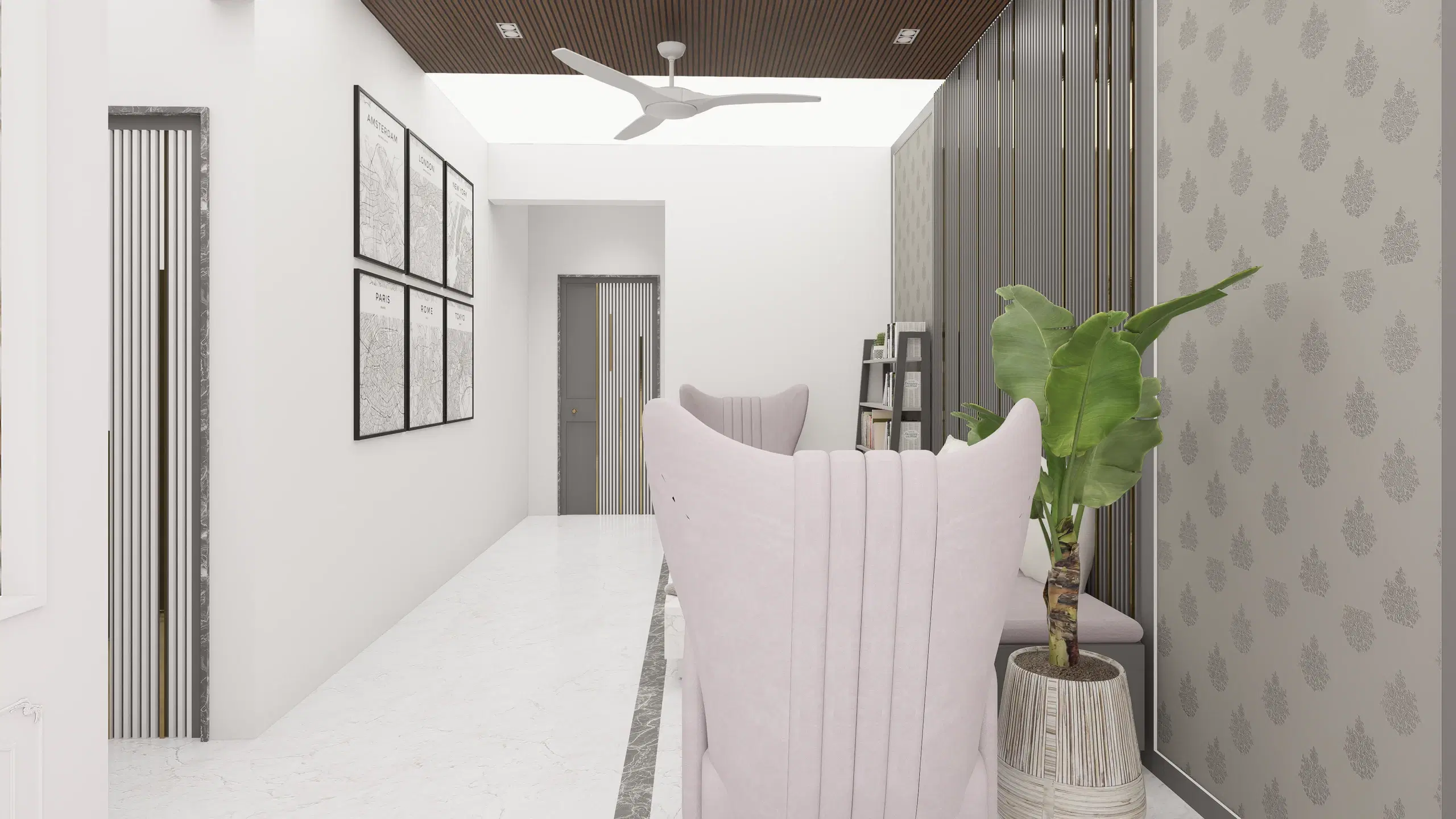 Fortune enclave, Balaji nagar — the entrance corridor, a fluted console and planter set against a patterned wall.