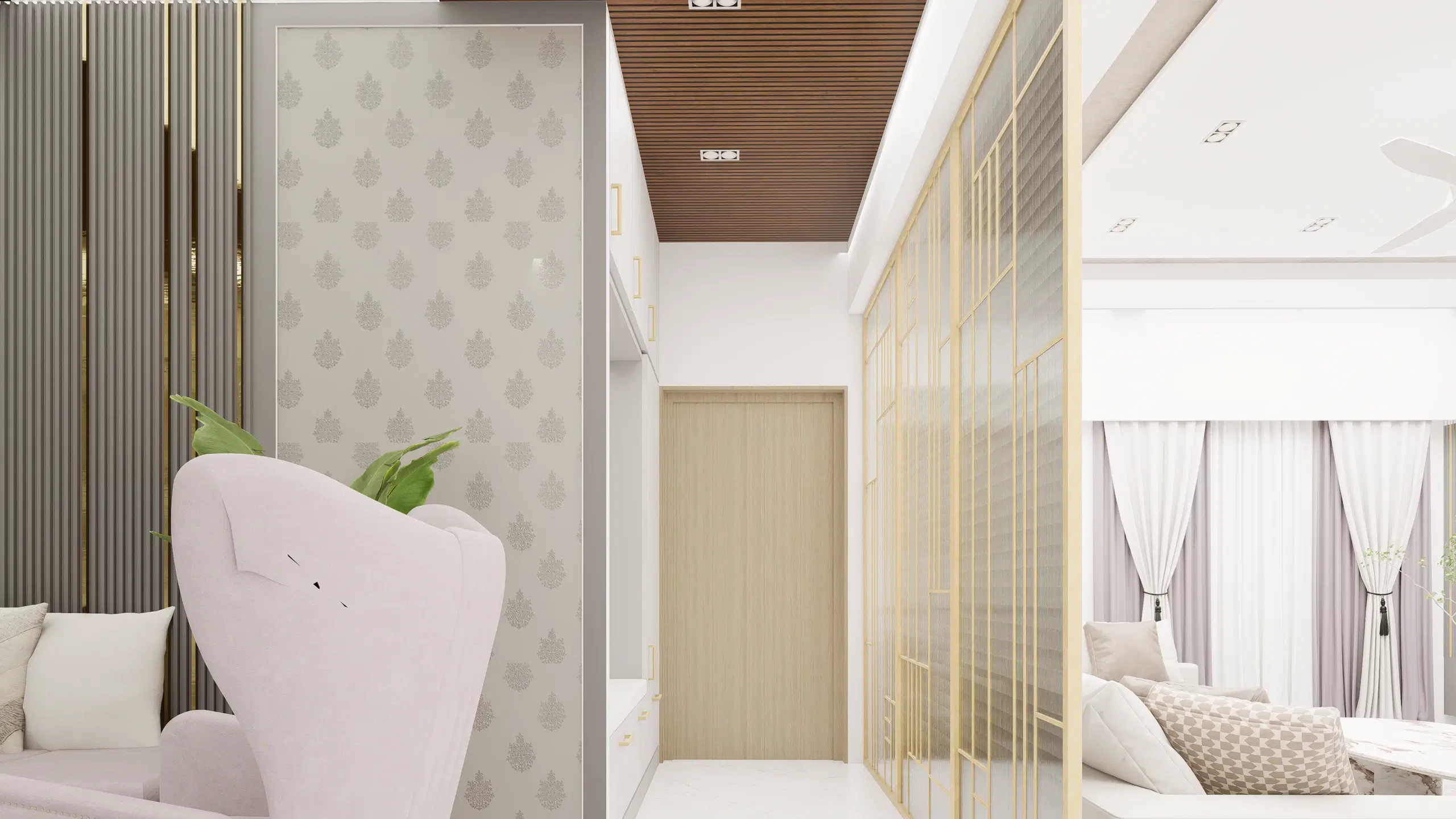 Fortune enclave, Balaji nagar — the sitting area beside the bedroom, timber and brass screens separating the two.