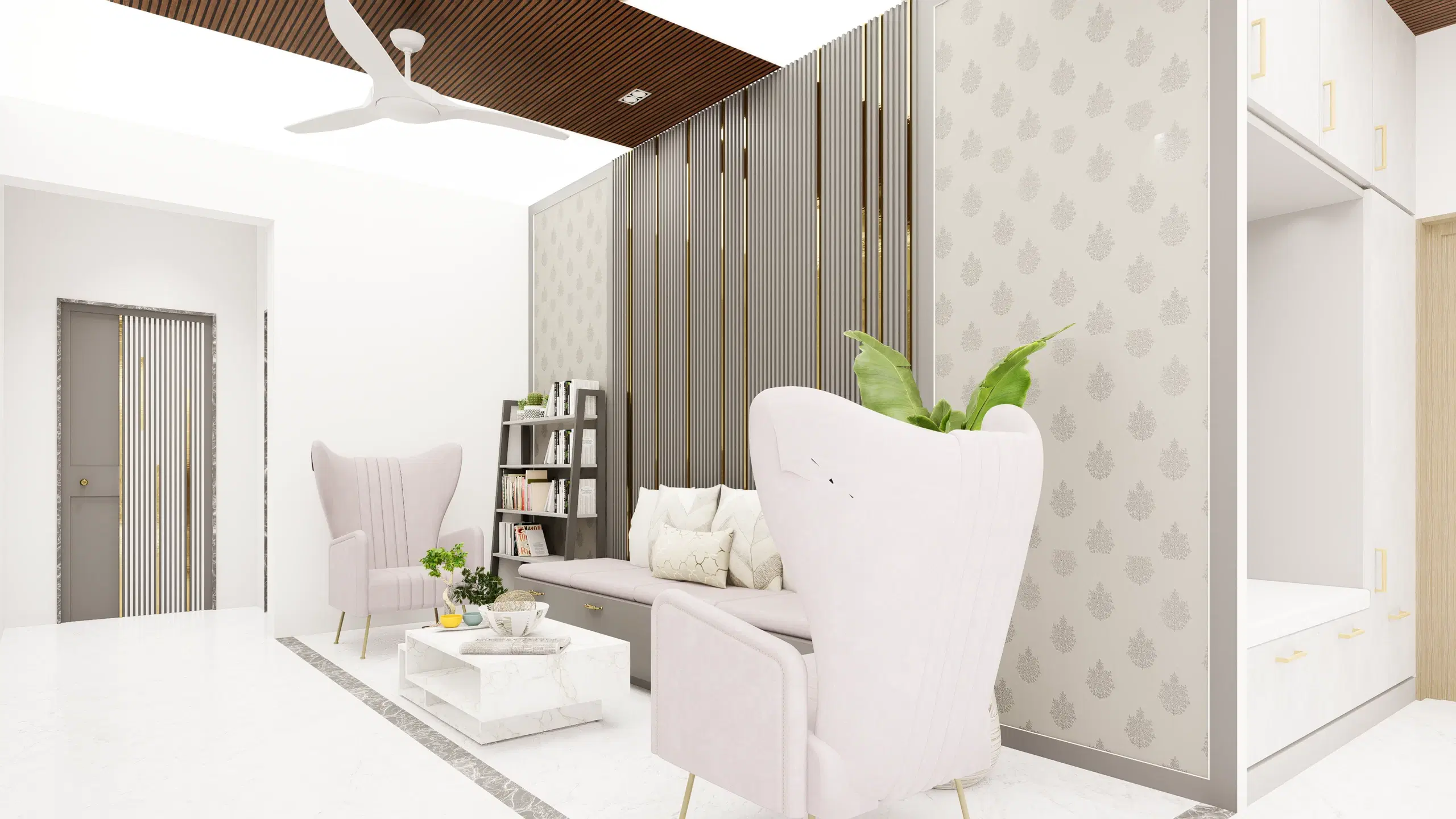 Fortune enclave, Balaji nagar — the living room under a timber-lined ceiling, armchairs and a low table before the shelving wall.