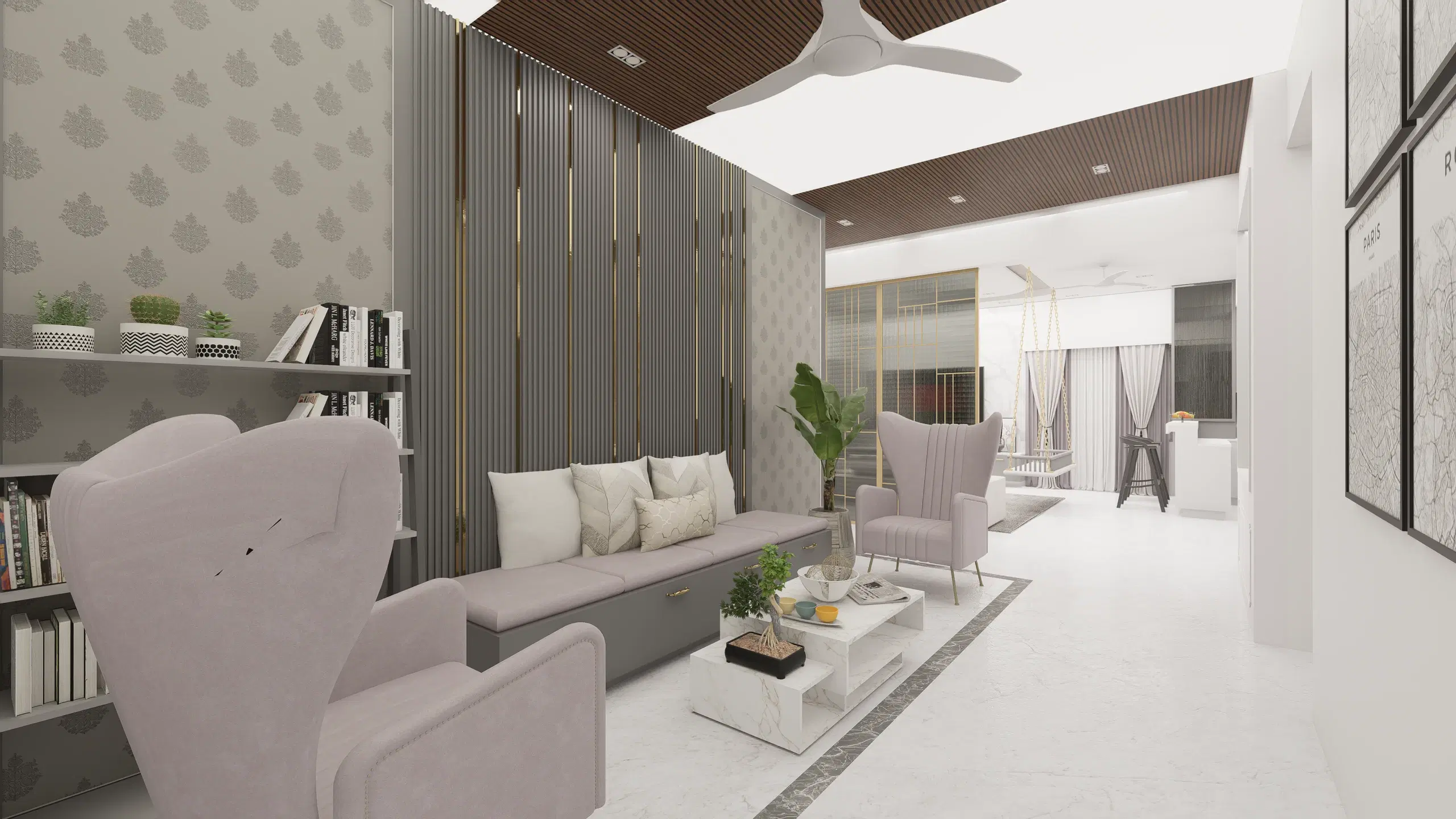 Fortune enclave, Balaji nagar — the living room along its length, bookshelves and seating opening through to the dining beyond.