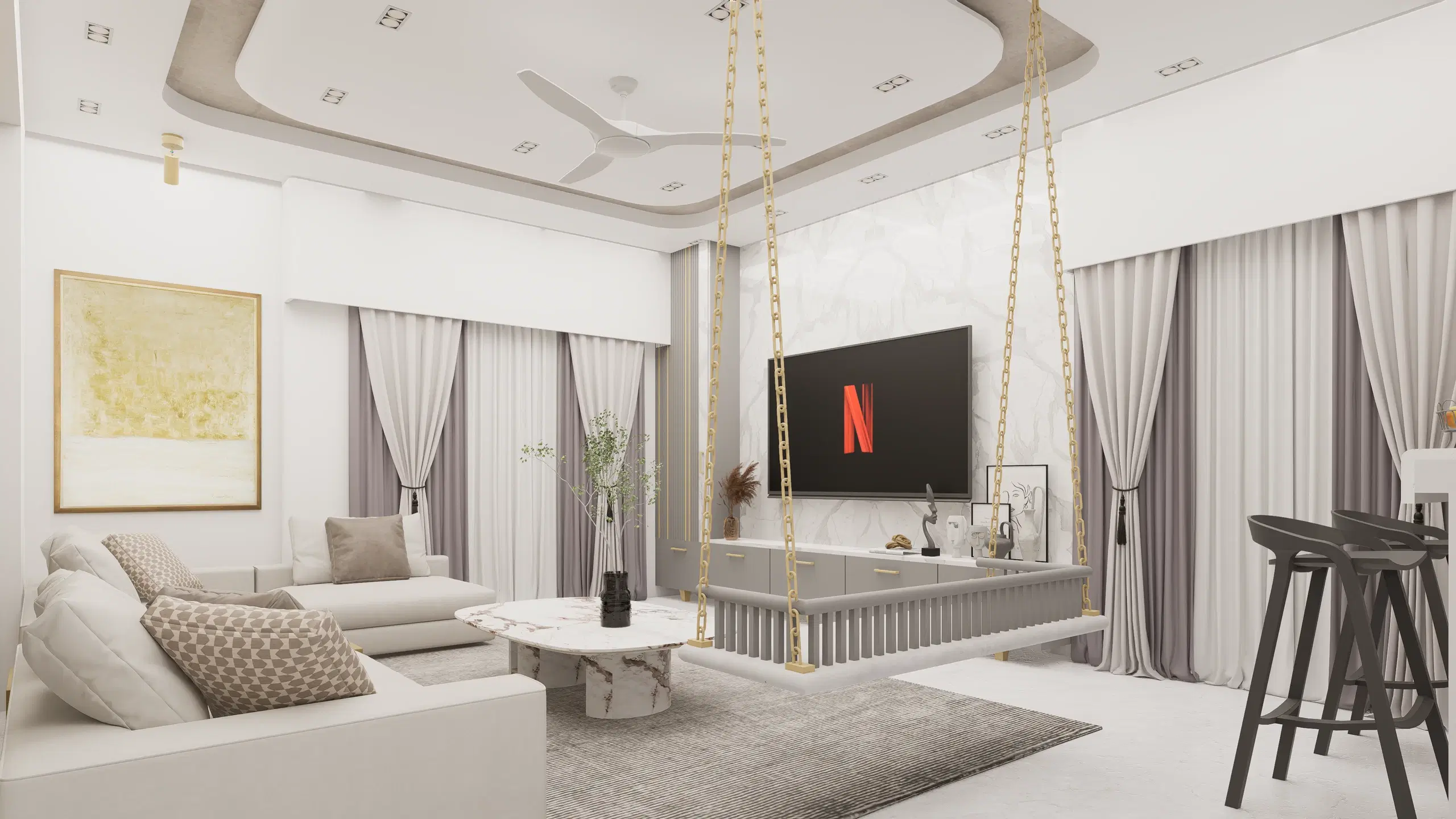 Fortune enclave, Balaji nagar — the main living room, a swing seat on brass chains beside the television wall and curtained windows.