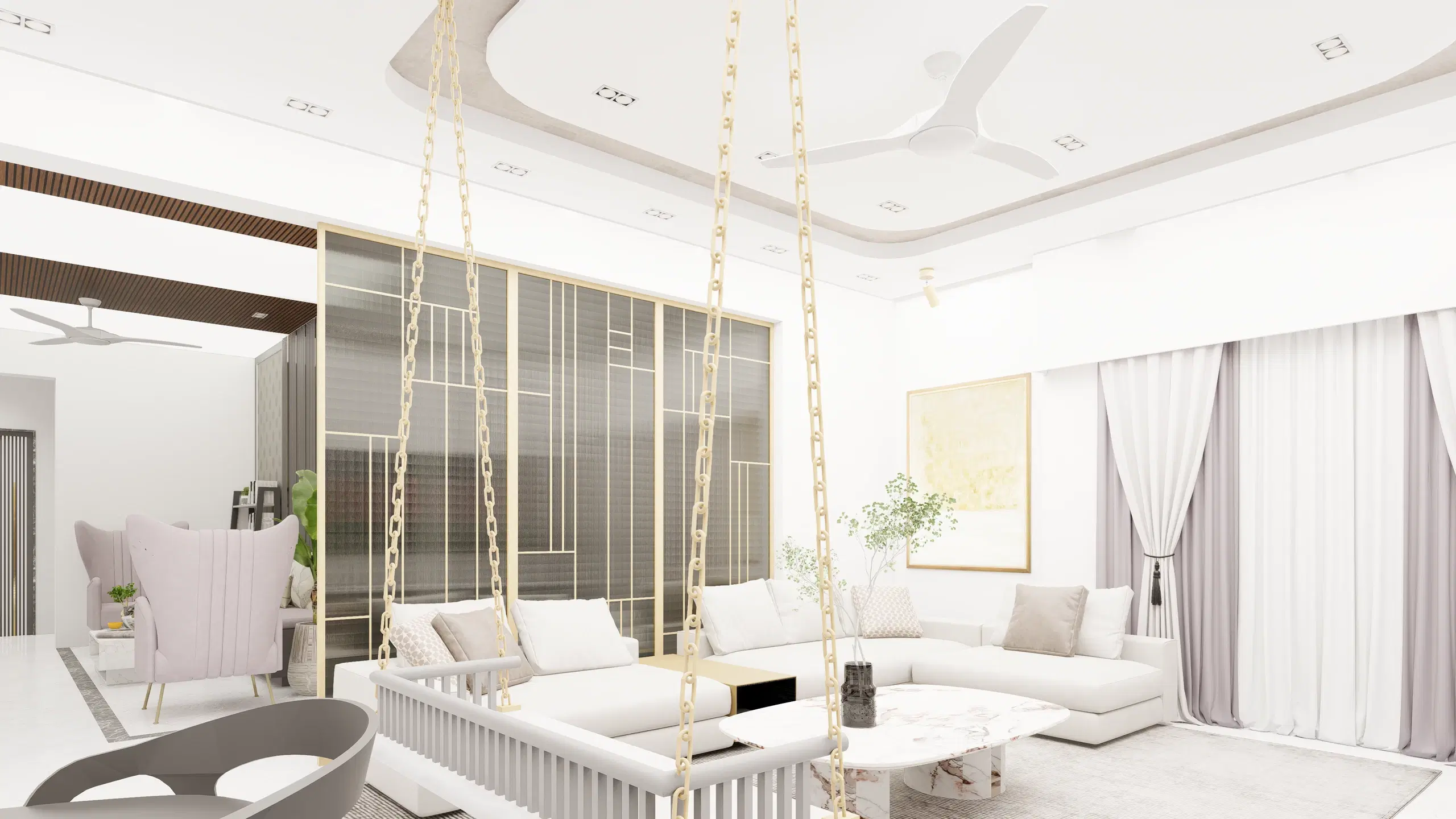 Fortune enclave, Balaji nagar — the living room from the dining end, the swing and seating arranged around the central table.