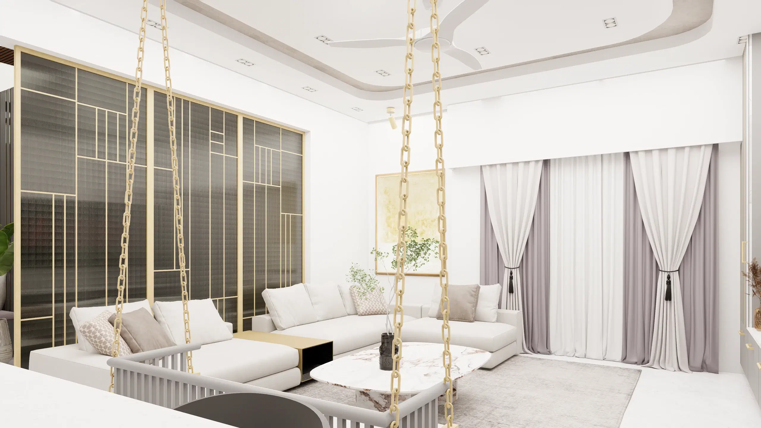 Fortune enclave, Balaji nagar — the living room towards the glazed screen, curtains drawn back to the garden side.