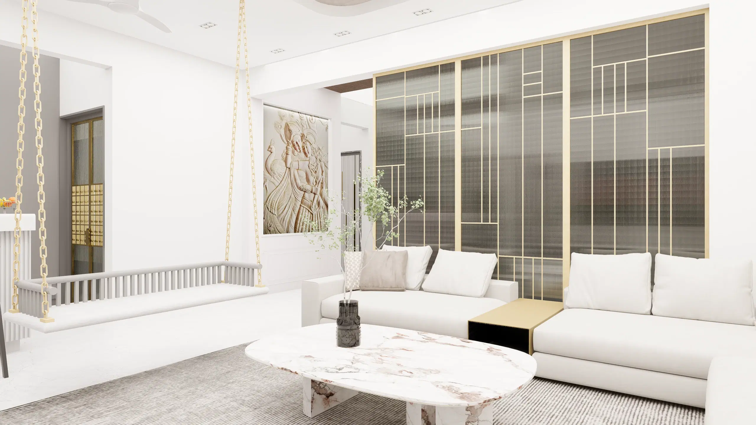 Fortune enclave, Balaji nagar — the seating group by the window wall, the swing chains rising into the recessed ceiling.