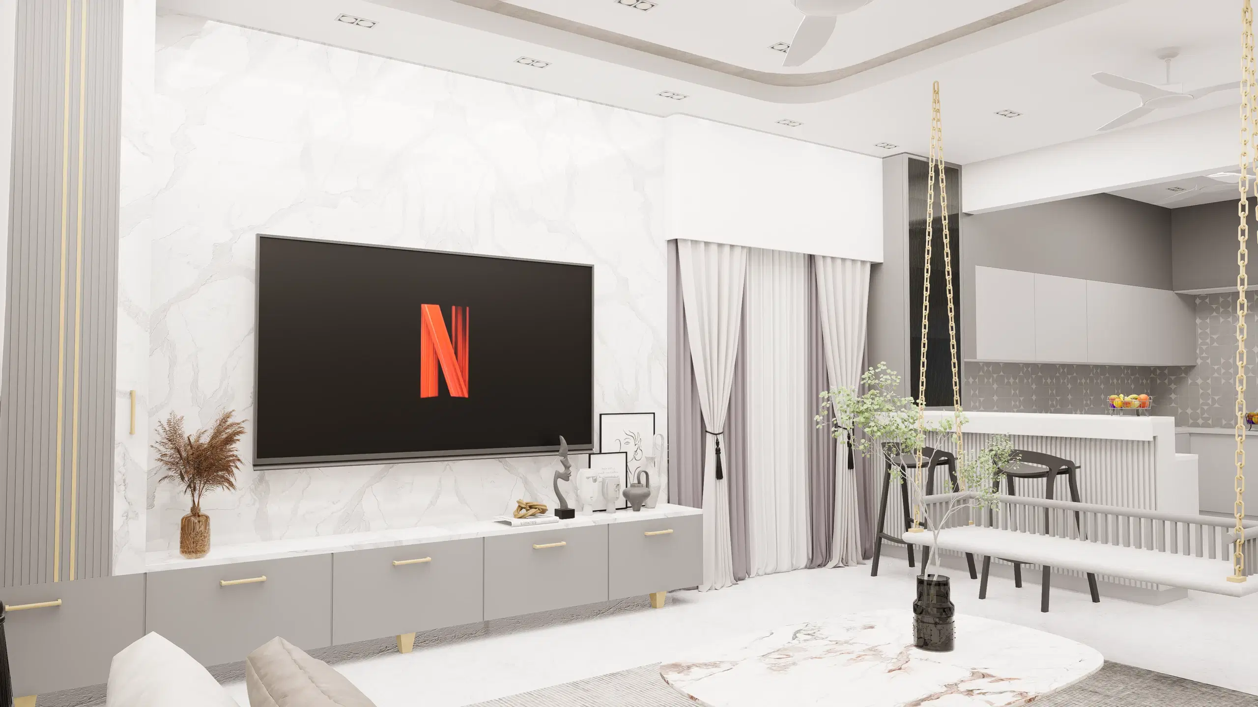 Fortune enclave, Balaji nagar — the television wall in book-matched marble, with the dining table and kitchen beyond.