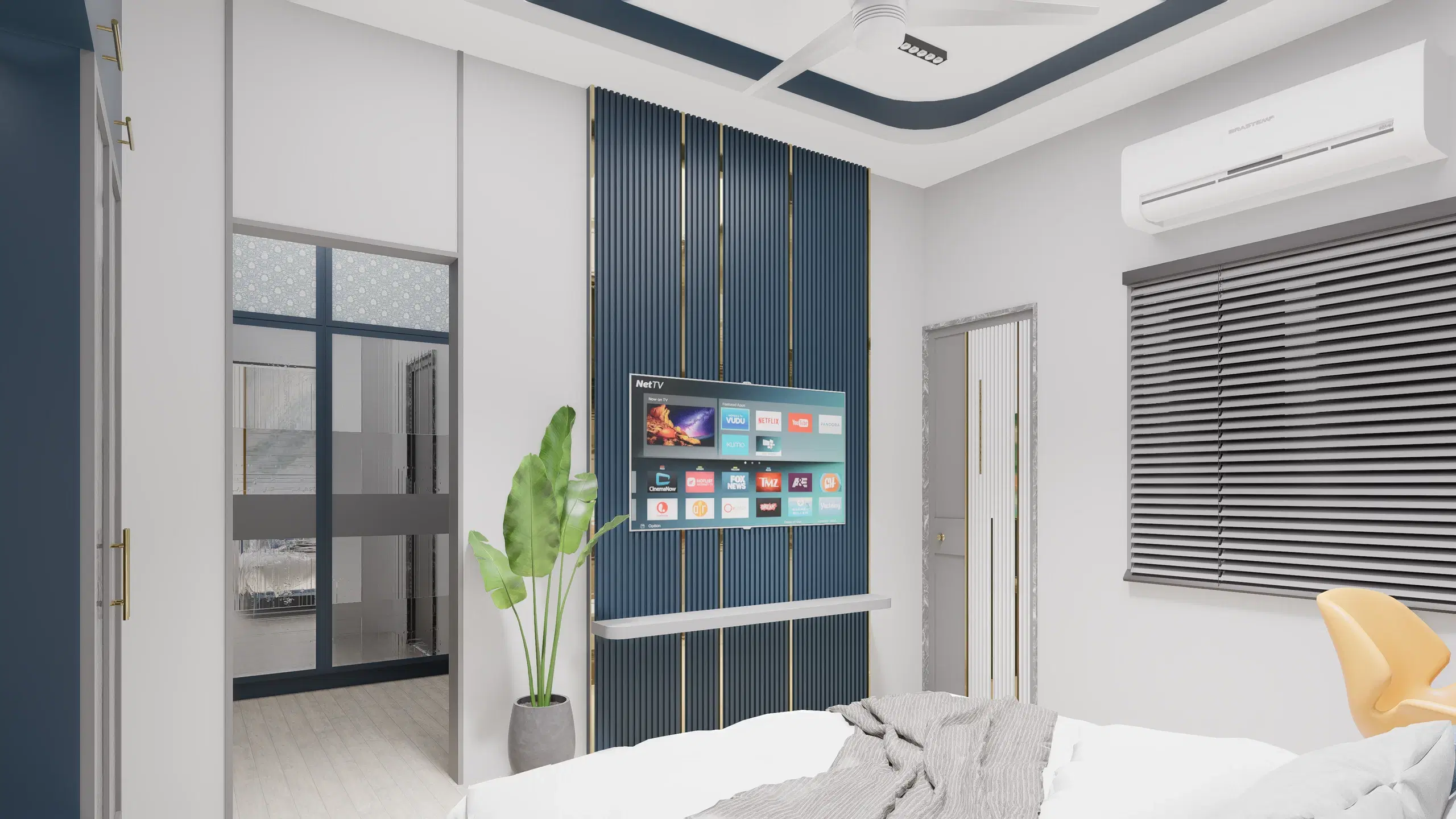 Fortune enclave, Balaji nagar — a bedroom in deep blue, the bed facing a panelled wall with a wall-mounted screen.