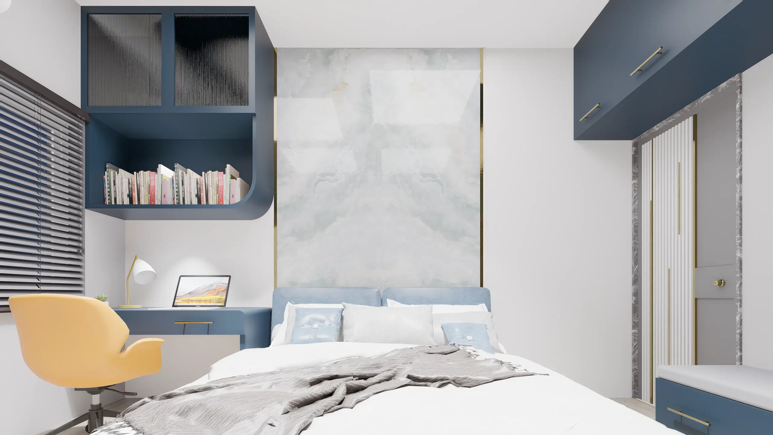 Fortune enclave, Balaji nagar — the same bedroom from the foot of the bed, study desk and blue overhead storage along the side wall.