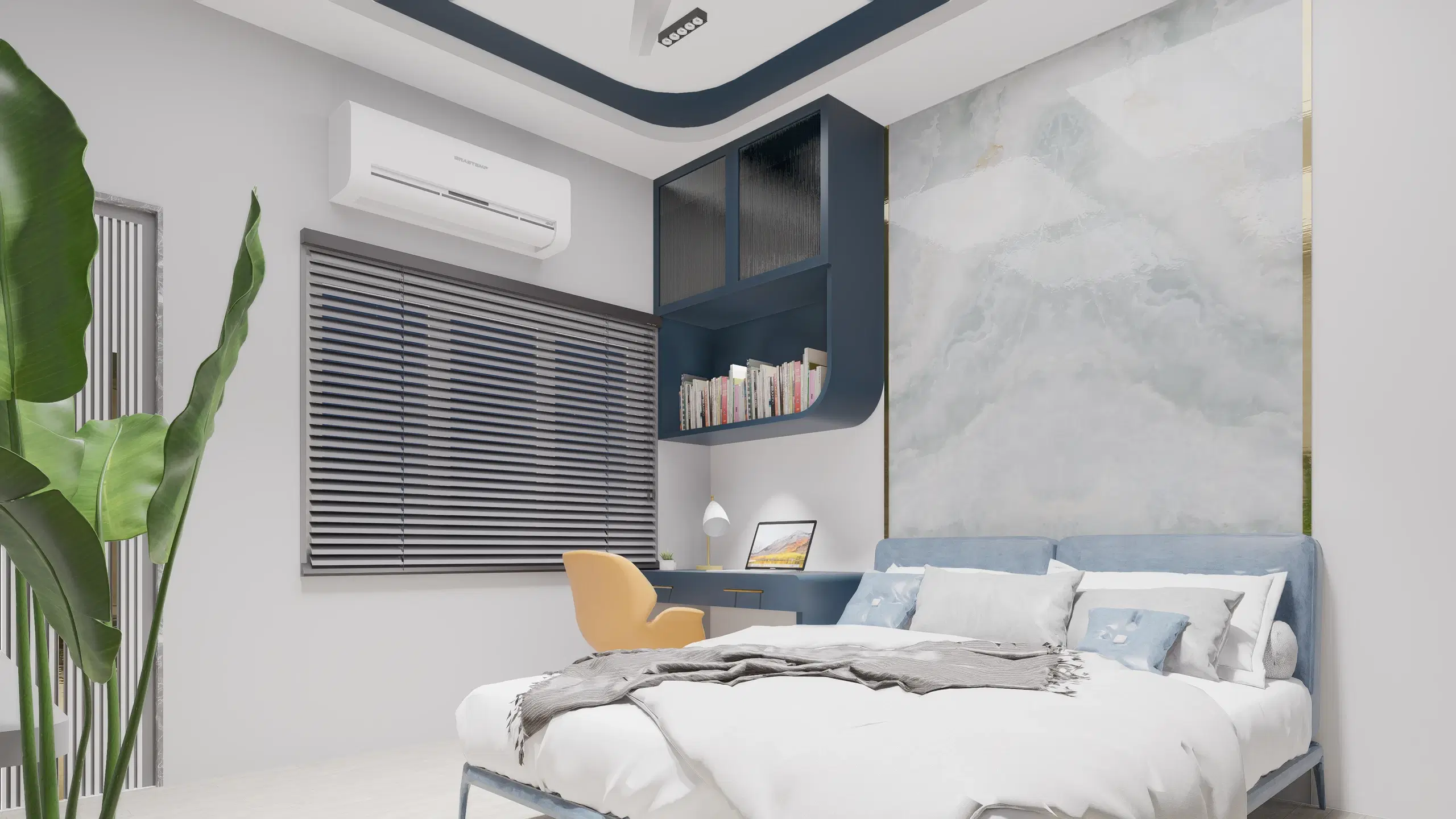 Fortune enclave, Balaji nagar — the blue bedroom looking back towards the window, desk and shelving beside the bed.