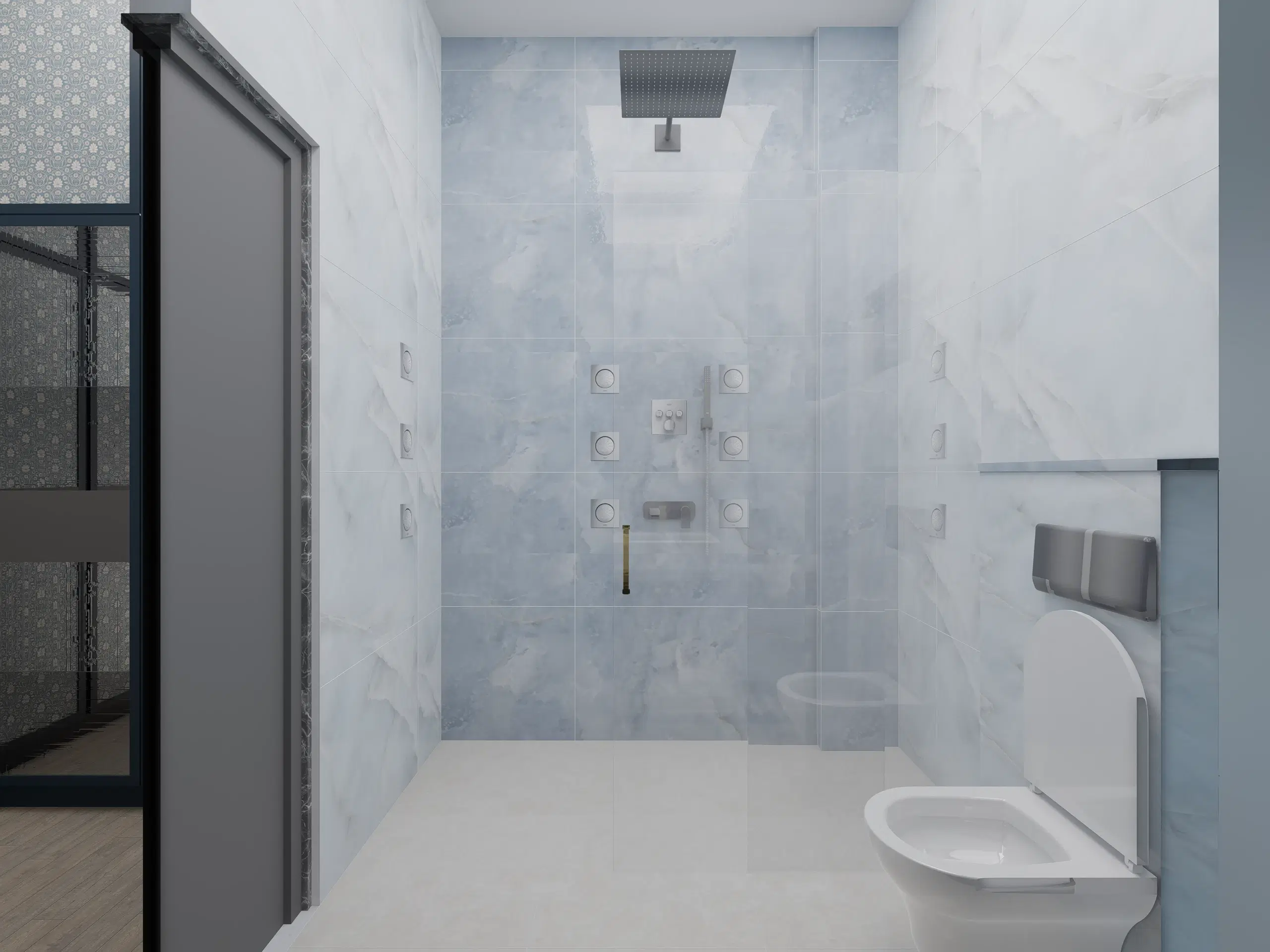 Fortune enclave, Balaji nagar — the shower room in pale marble, glazed screen and wall-hung sanitaryware.