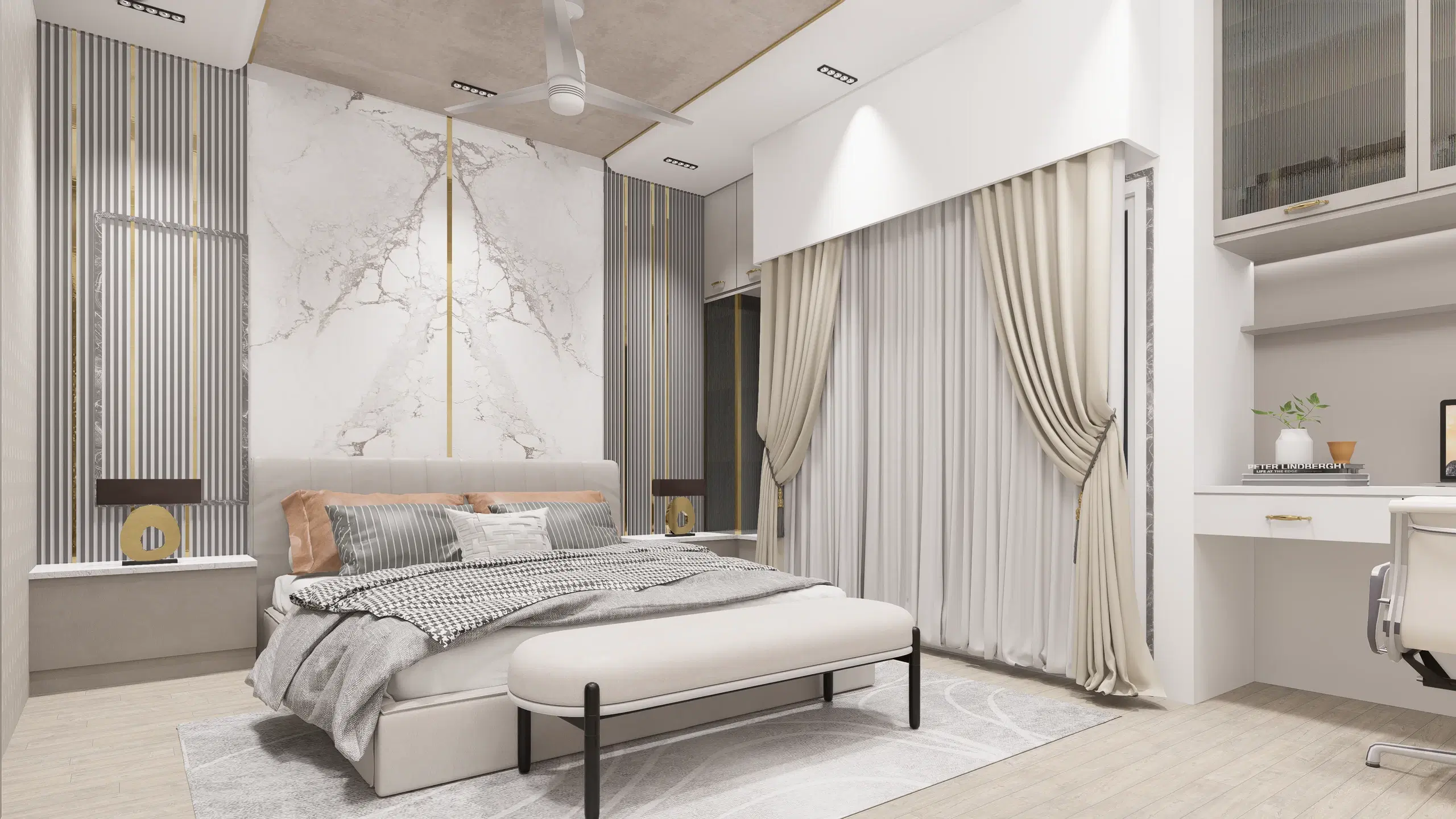 Fortune enclave, Balaji nagar — the principal bedroom, the bed against a marble headboard wall with the dressing counter alongside.