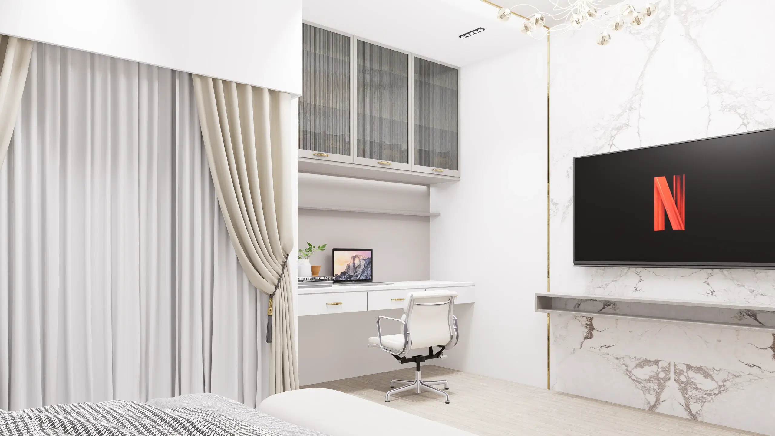 Fortune enclave, Balaji nagar — the principal bedroom's study corner, desk and screen set into the marble wall beside the curtains.