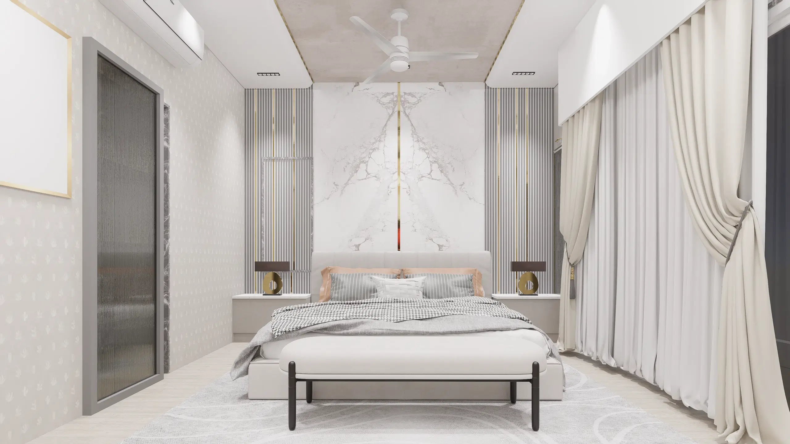 Fortune enclave, Balaji nagar — a bedroom with a marble headboard panel framed by full-height curtains and fluted side panels.