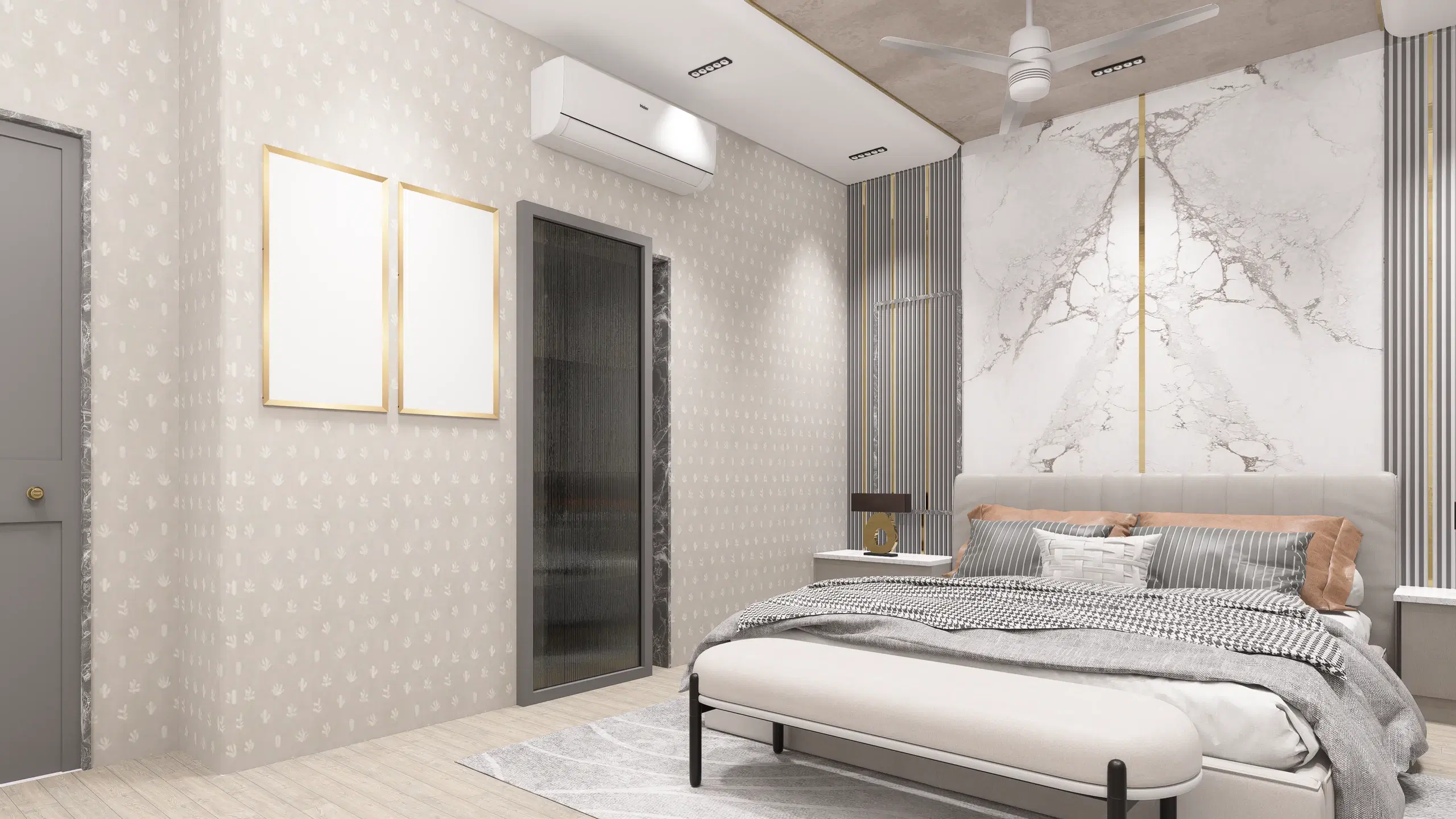 Fortune enclave, Balaji nagar — the same bedroom from the door, wardrobes to the left and the bed centred on the marble panel.