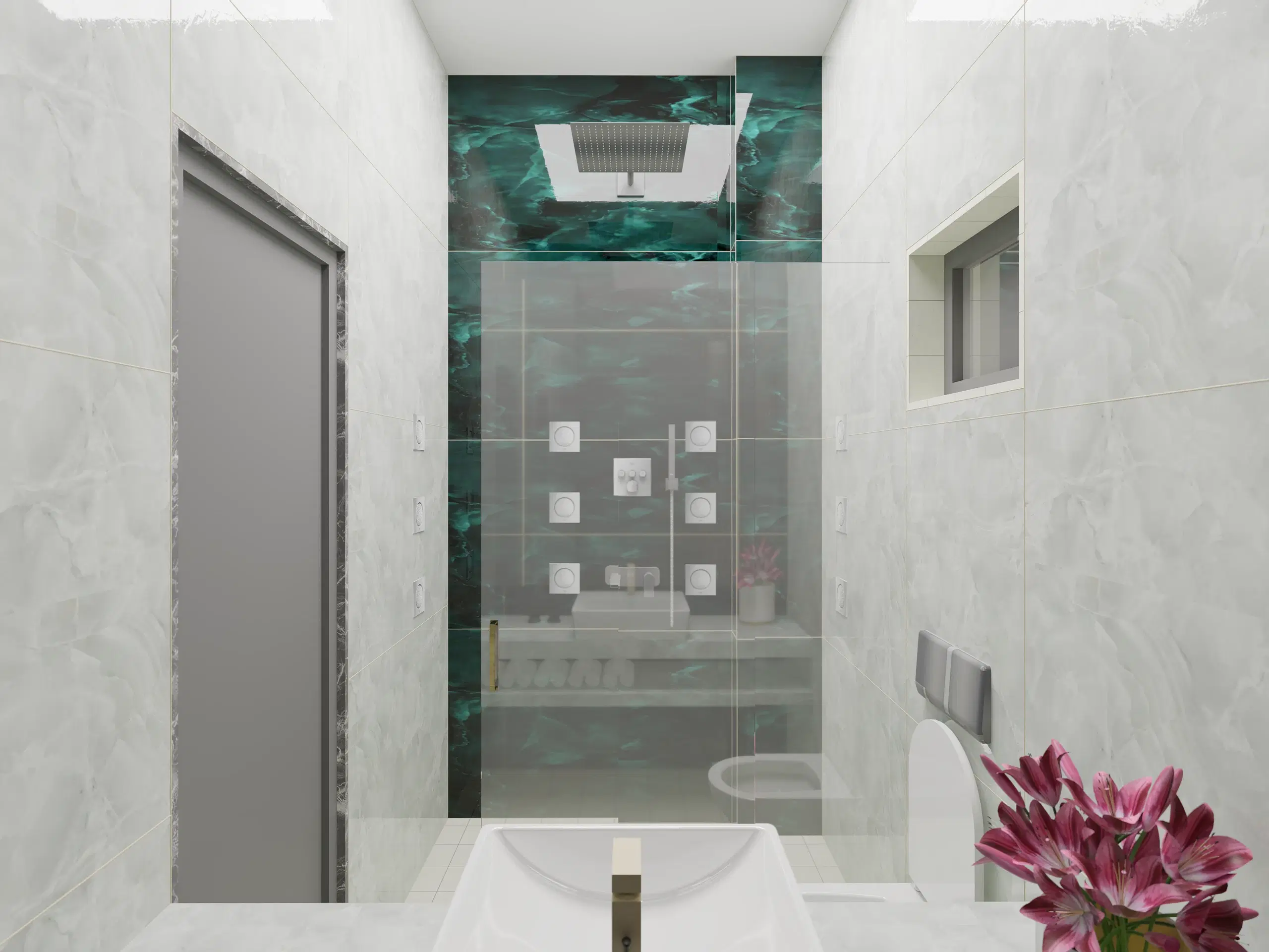 Fortune enclave, Balaji nagar — the bathroom with a green marble shower recess behind clear glass, orchids on the counter.