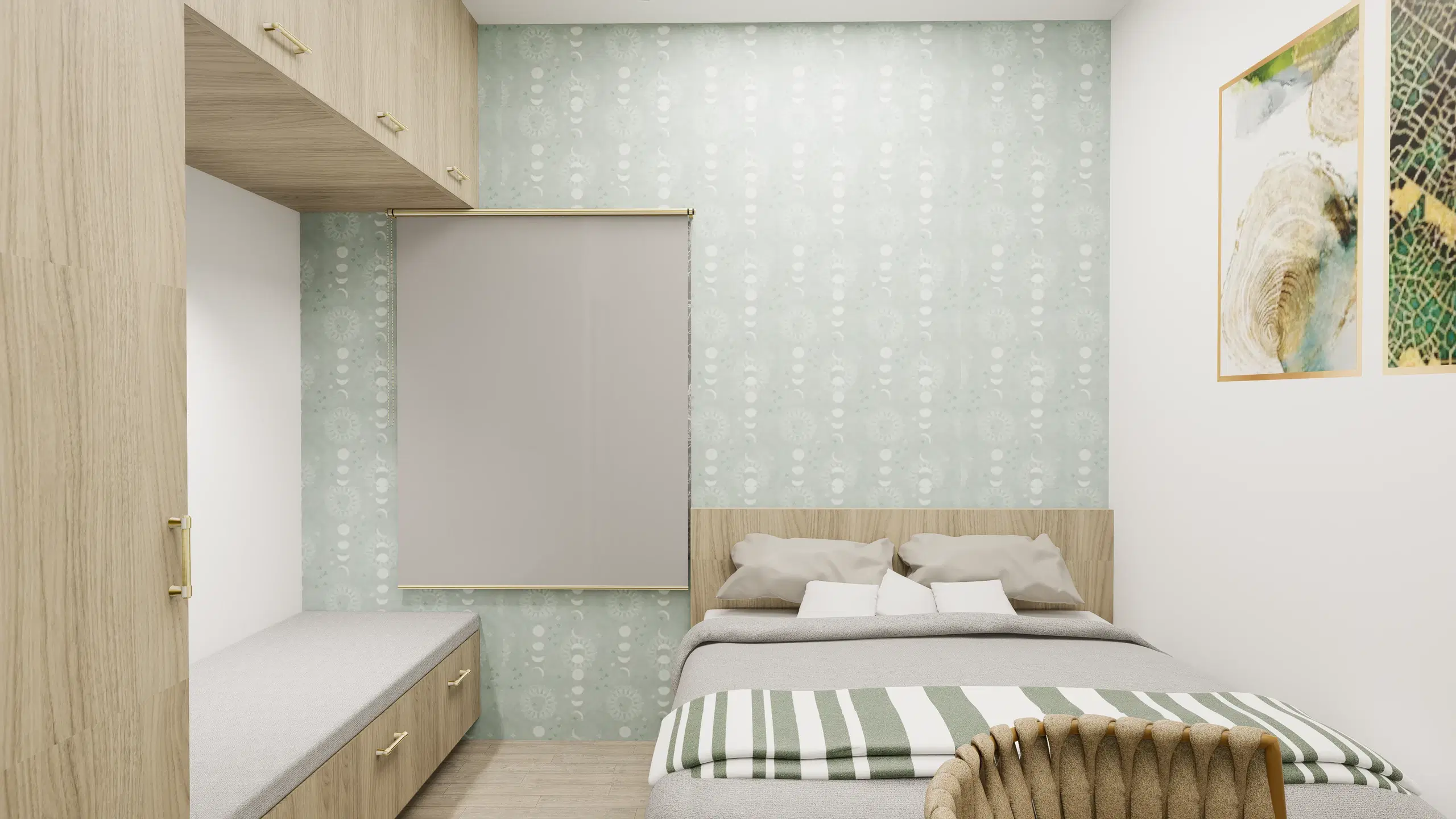Fortune enclave, Balaji nagar — a bedroom in pale green and oak, fitted wardrobe and window seat beside the bed.