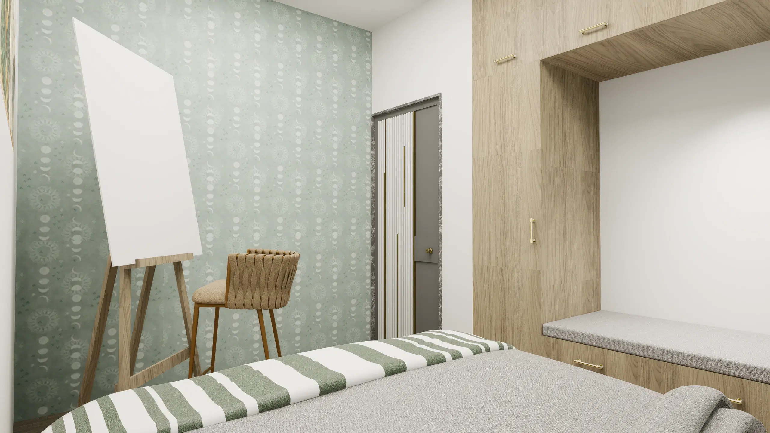 Fortune enclave, Balaji nagar — the green bedroom from the window, an easel standing beside the fitted joinery.
