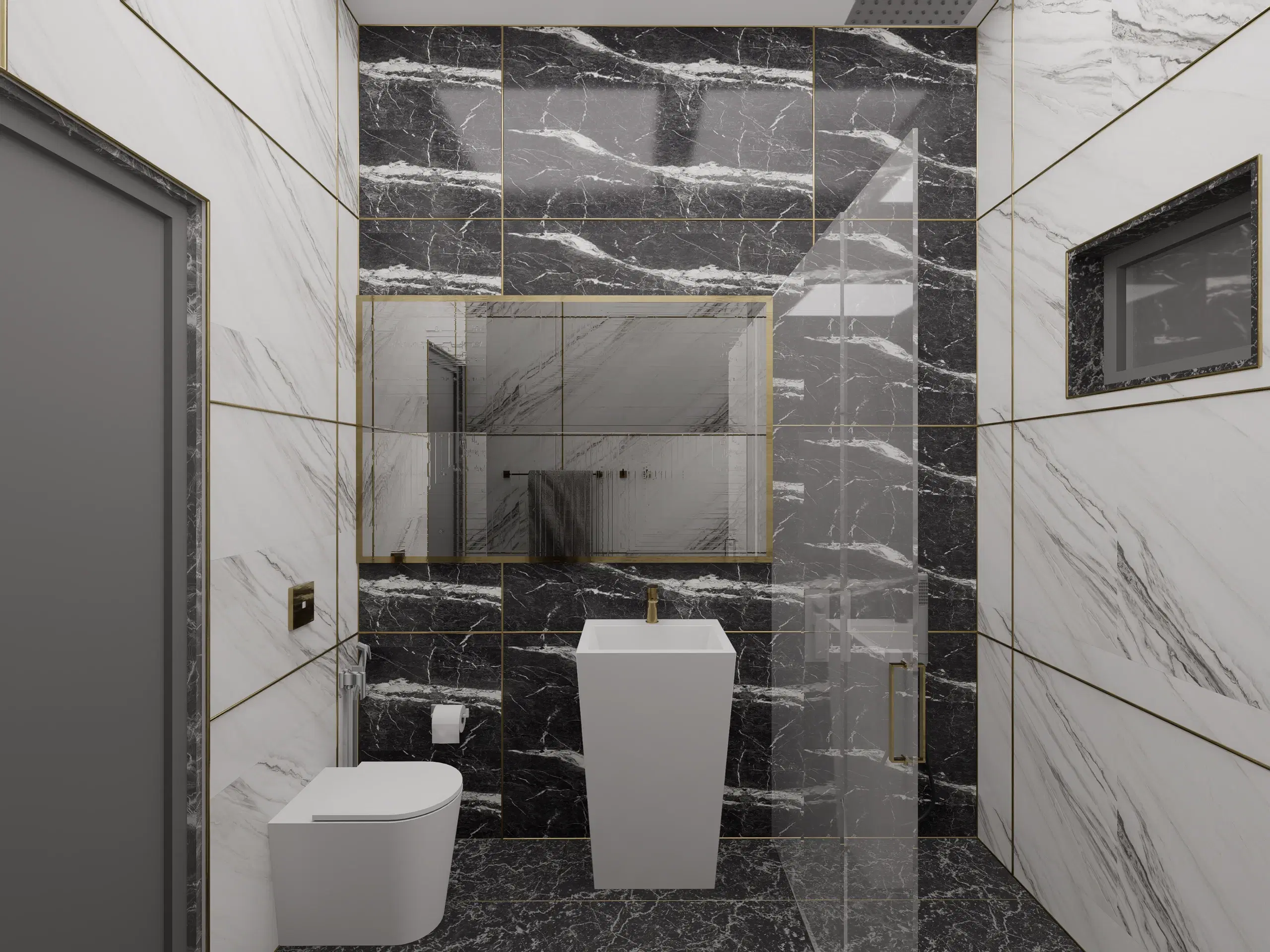 Fortune enclave, Balaji nagar — the bathroom in dark veined marble, pedestal basin and mirror between tall stone panels.
