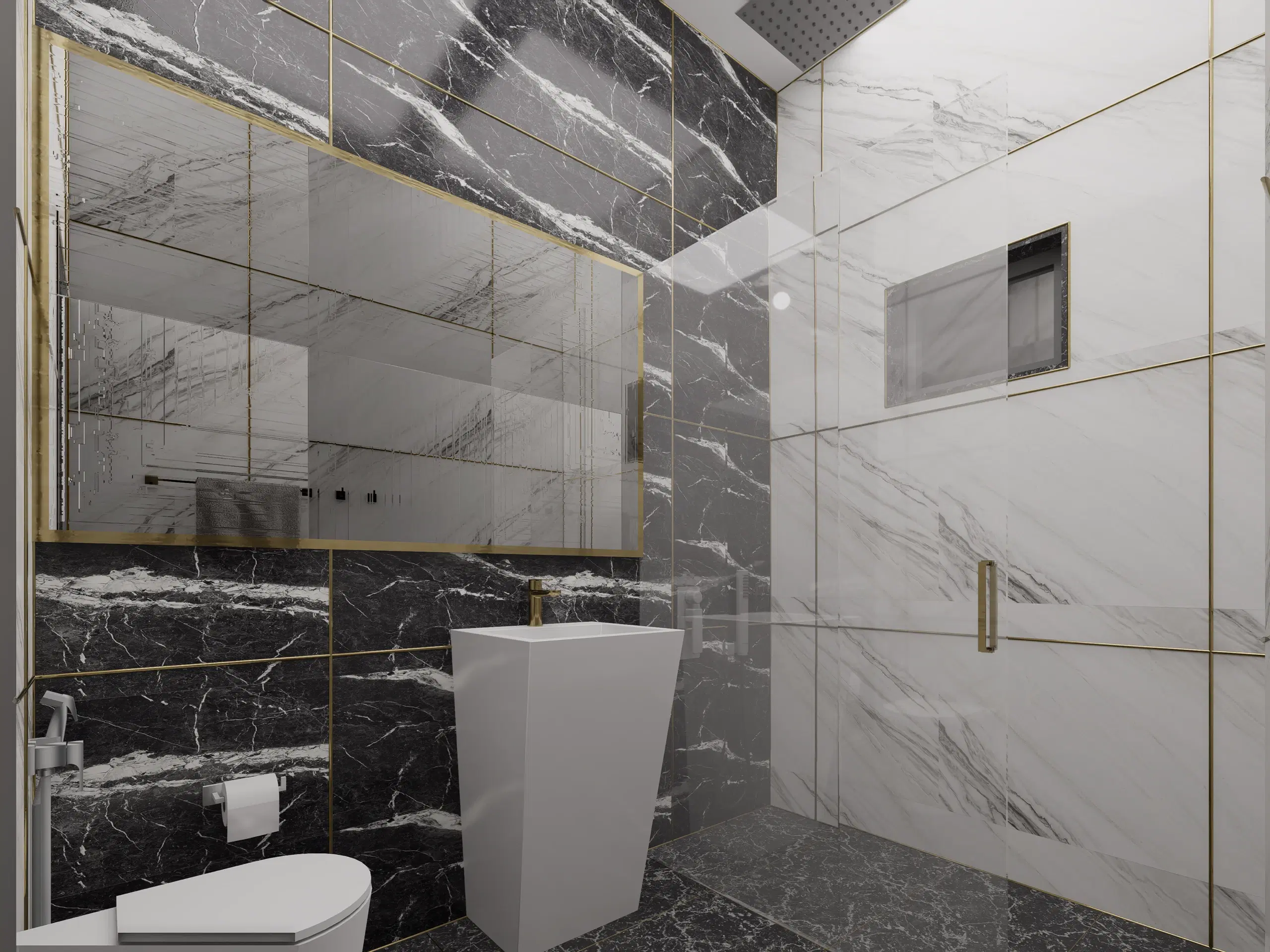 Fortune enclave, Balaji nagar — the dark marble bathroom from the shower side, brass trim framing the mirror and niche.