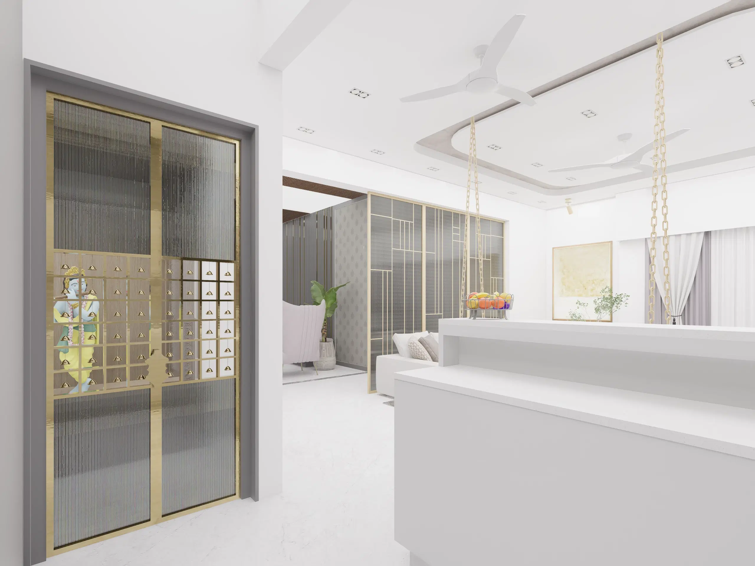 Fortune enclave, Balaji nagar — the living room seen through brass-framed glazed doors from the lobby.