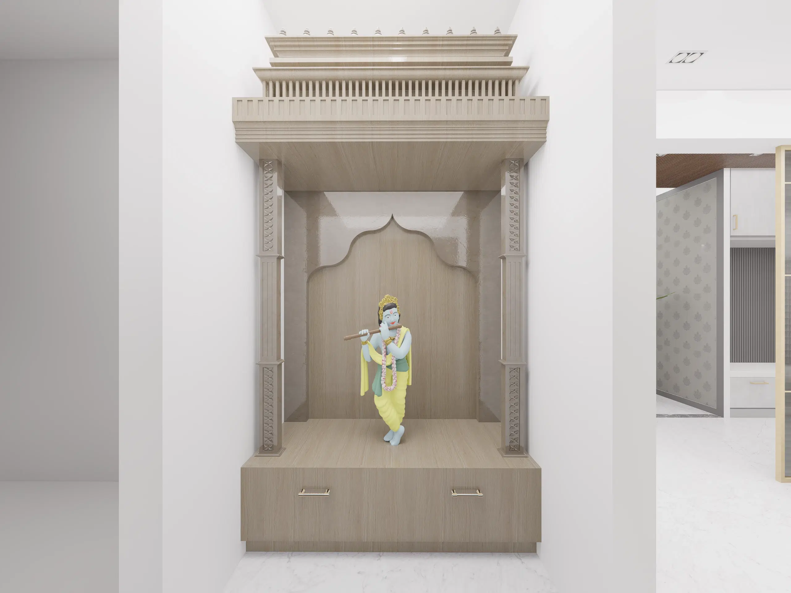 Fortune enclave, Balaji nagar — the pooja room, a carved timber shrine set into a lit recess.