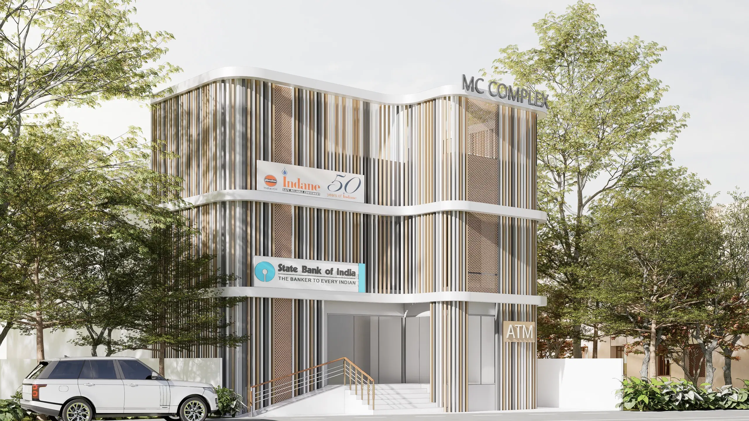 MC Complex, Thillai Nagar — the corner elevation, with the State Bank of India branch and ATM at street level below three storeys of vertical timber-toned fins.