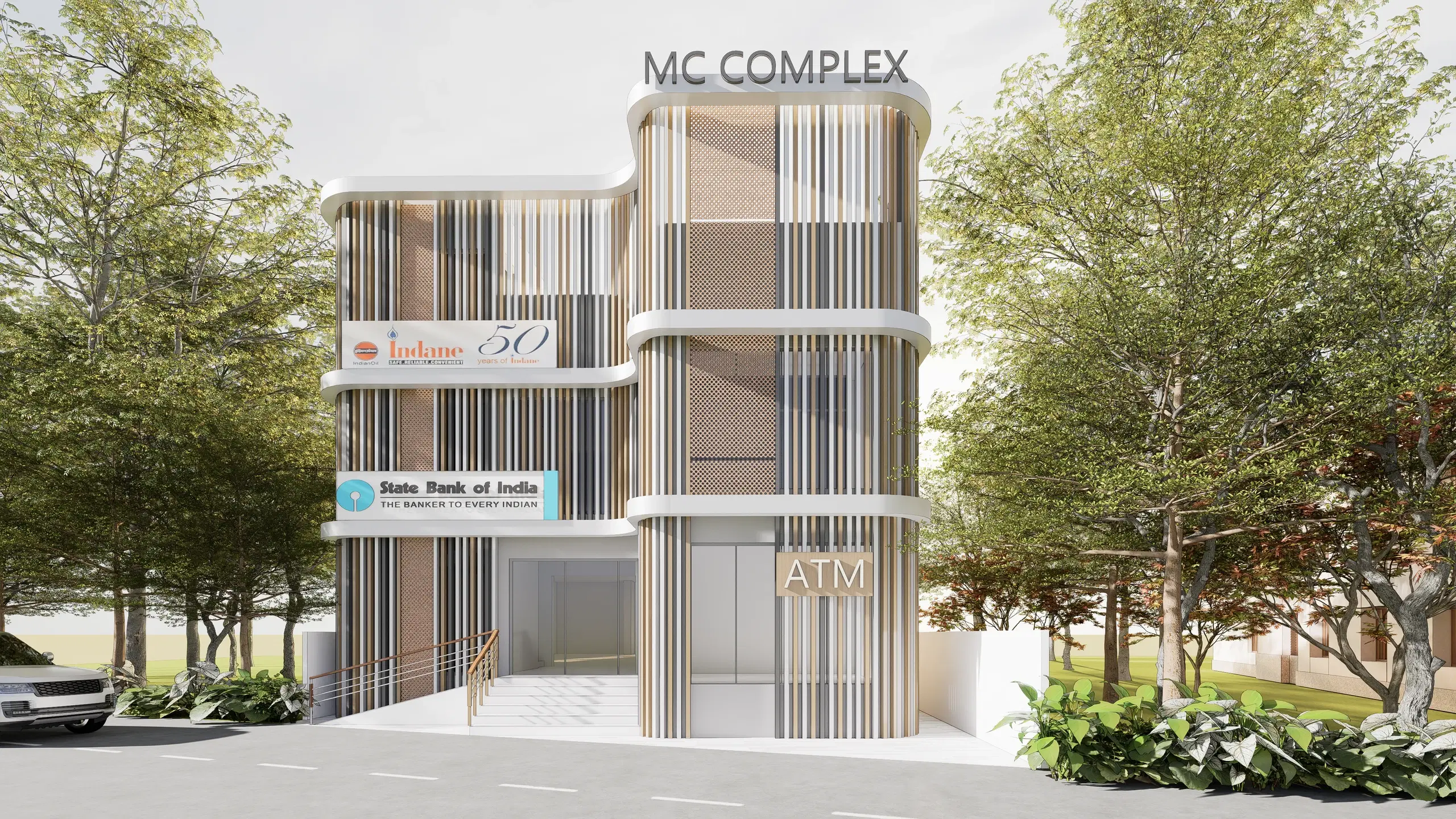 MC Complex, Thillai Nagar — the facade seen head-on, the curved white floor bands wrapping the corner between the fin screens.
