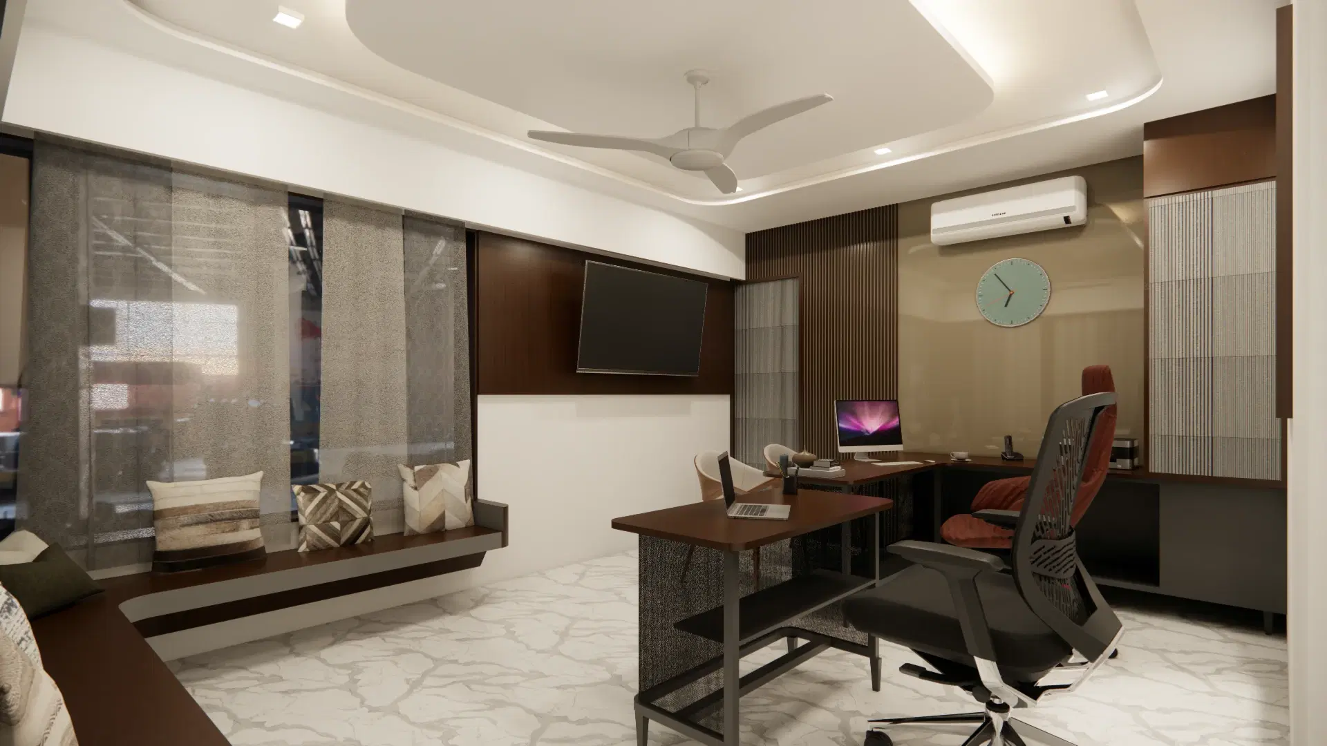 SRM Office, Madaiyur — the meeting end of the office, with cushioned window seat, wall screen and sheer blinds along the glazing.
