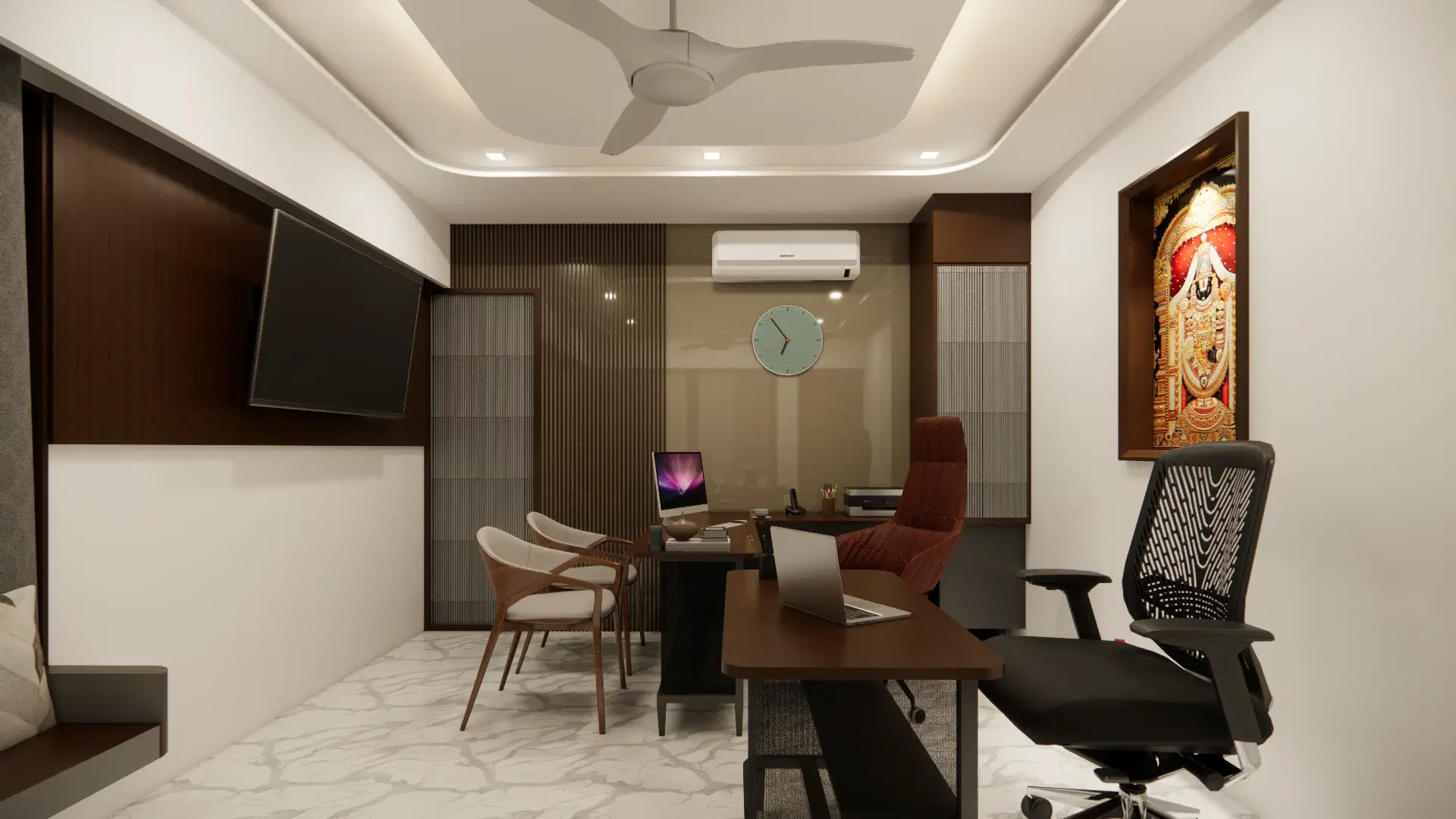SRM Office, Madaiyur — the office looking towards the screen wall, meeting chairs drawn up to the desk beneath a recessed ceiling.