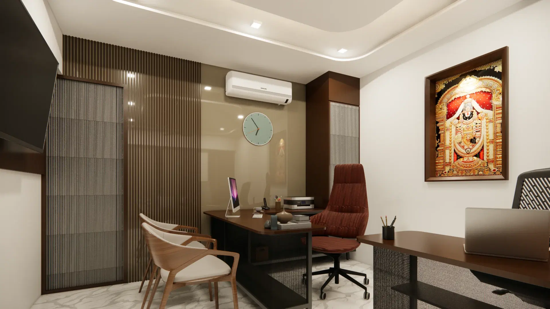 SRM Office, Madaiyur — the desk with its red leather chair, framed portrait and wall clock against fluted timber panelling.