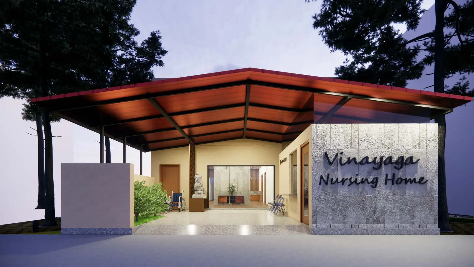Vinayaga Nursing Home, Manikandam — the building at dusk, the name carved into a stone wall beneath the deep red roof and lit from within.