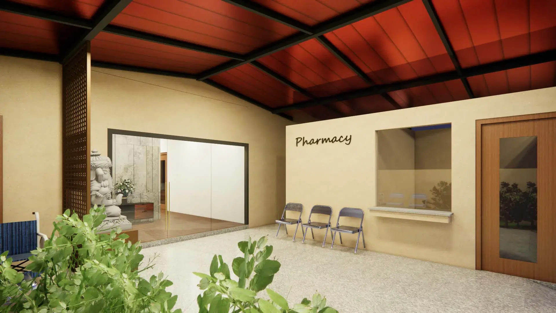 Vinayaga Nursing Home, Manikandam — the pharmacy counter and seating under the canopy, screened from the garden by a timber jali.