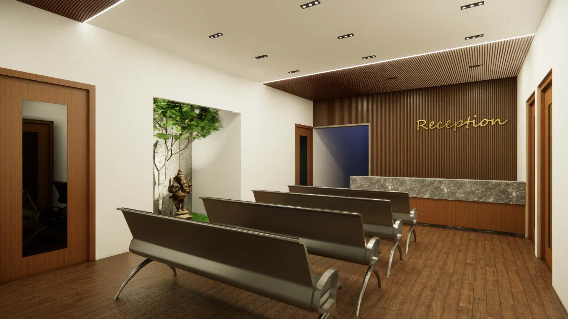Vinayaga Nursing Home, Manikandam — the reception desk in stone and timber beneath a fluted ceiling, with planting either side of the doorway.