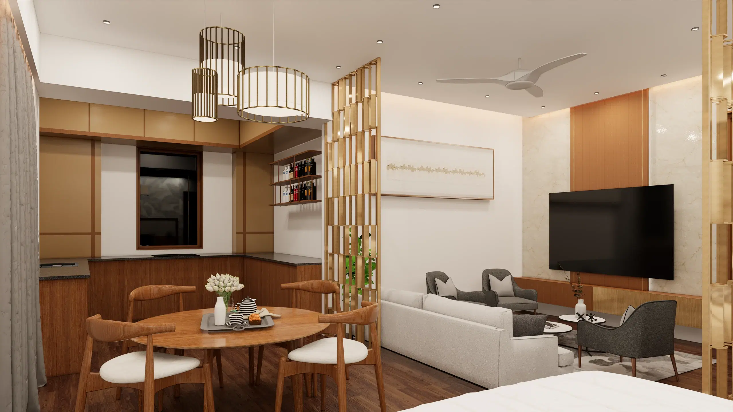 SVH studio apartment, Cantonment — living and dining in one room, the kitchen behind a slatted timber screen with cage pendants above the table.