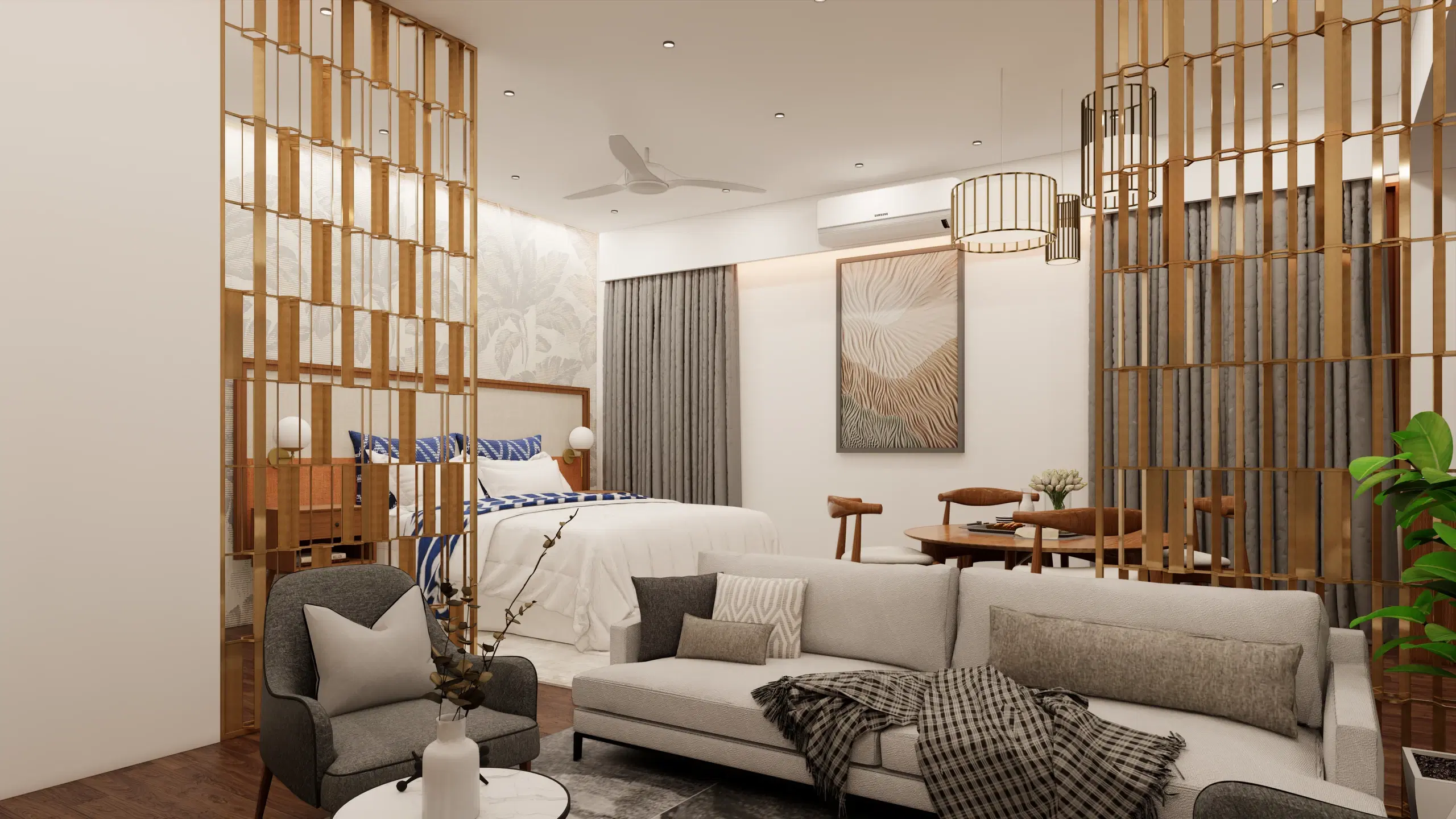 SVH studio apartment, Cantonment — the bed set behind a timber screen, with sofa and armchairs forming a sitting room in front of it.