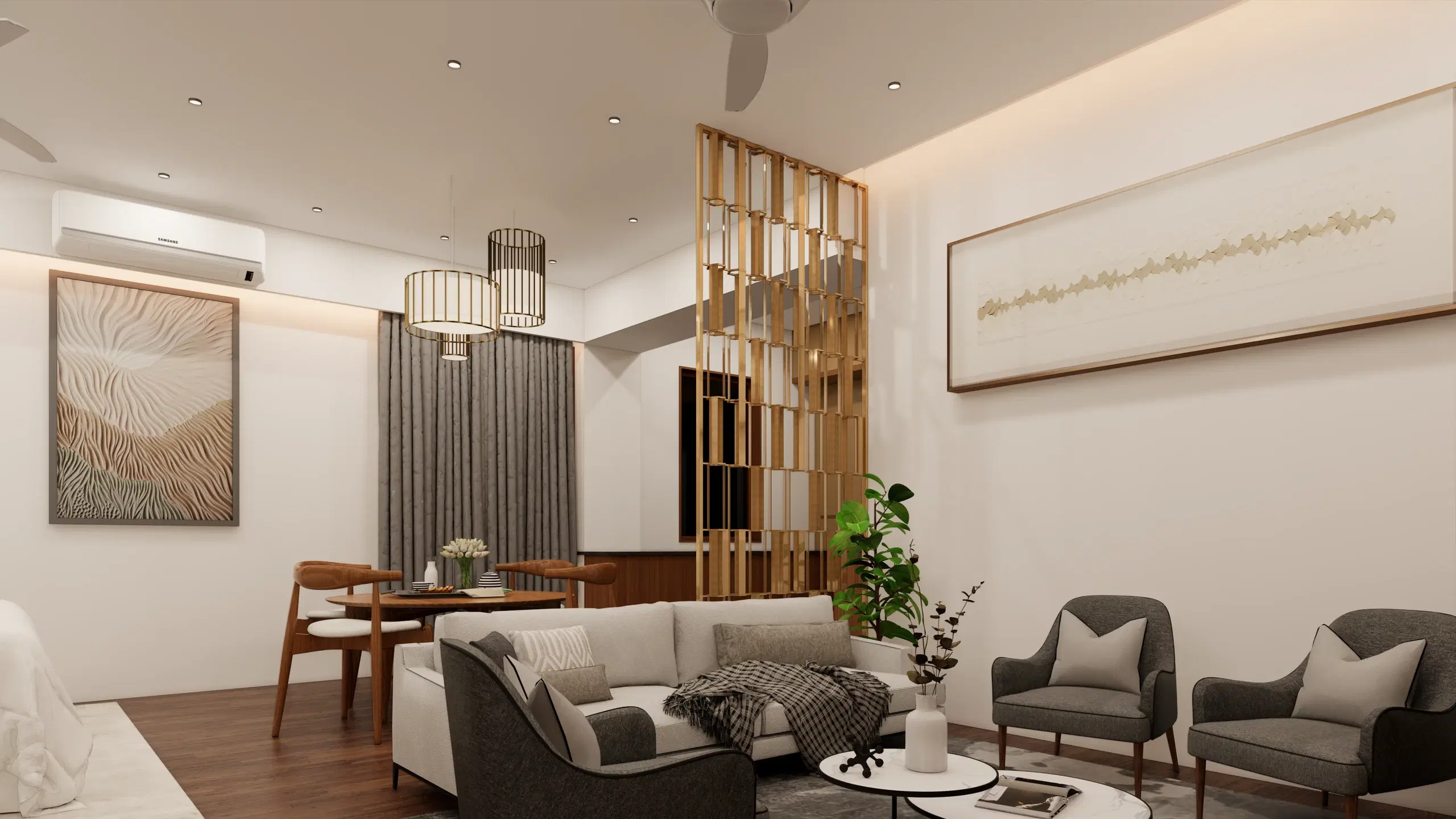 SVH studio apartment, Cantonment — the living area looking back towards the dining table, timber screens filtering the light between the two.